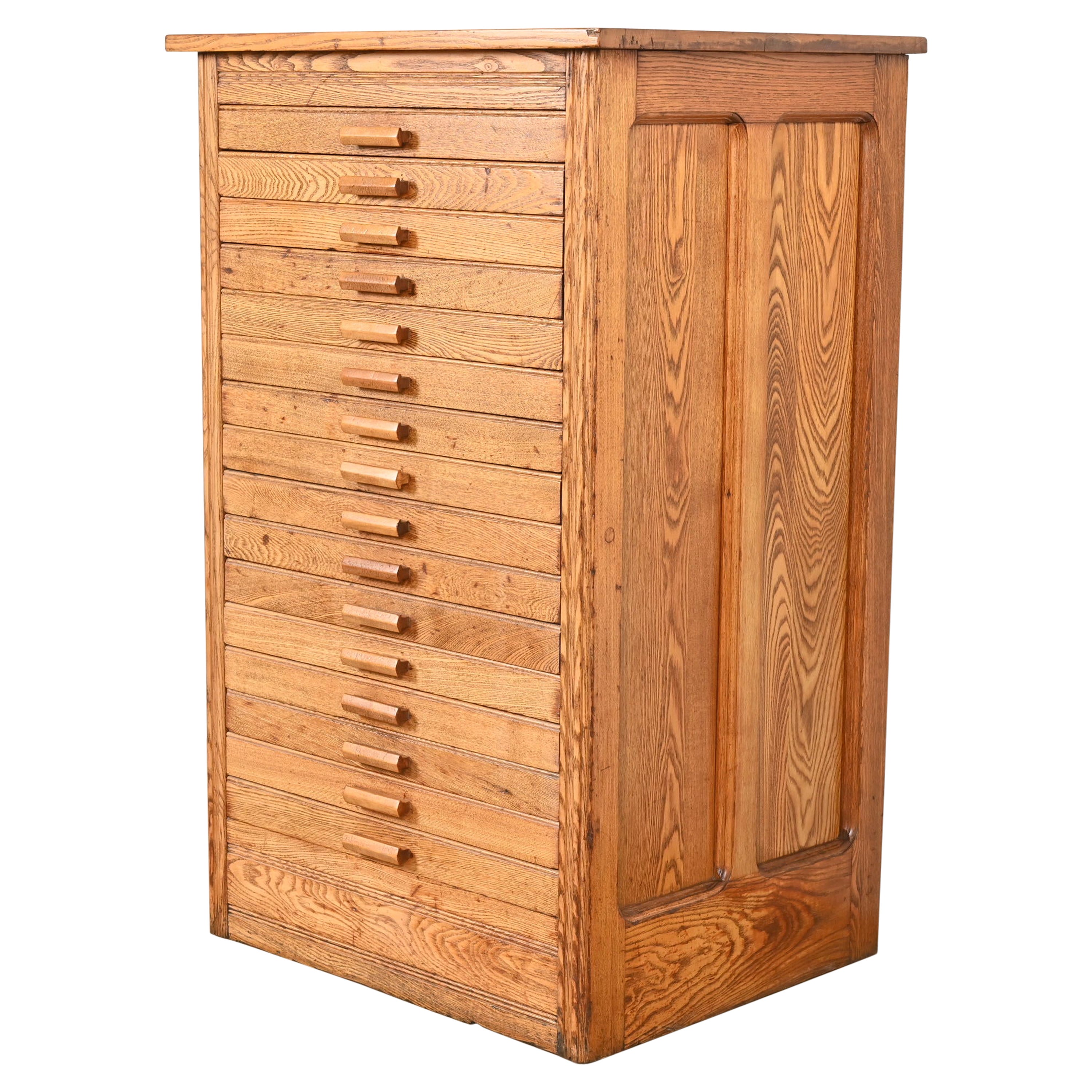 Antique Arts & Crafts Oak 16-Drawer Architect's Blueprint Flat File Cabinet
