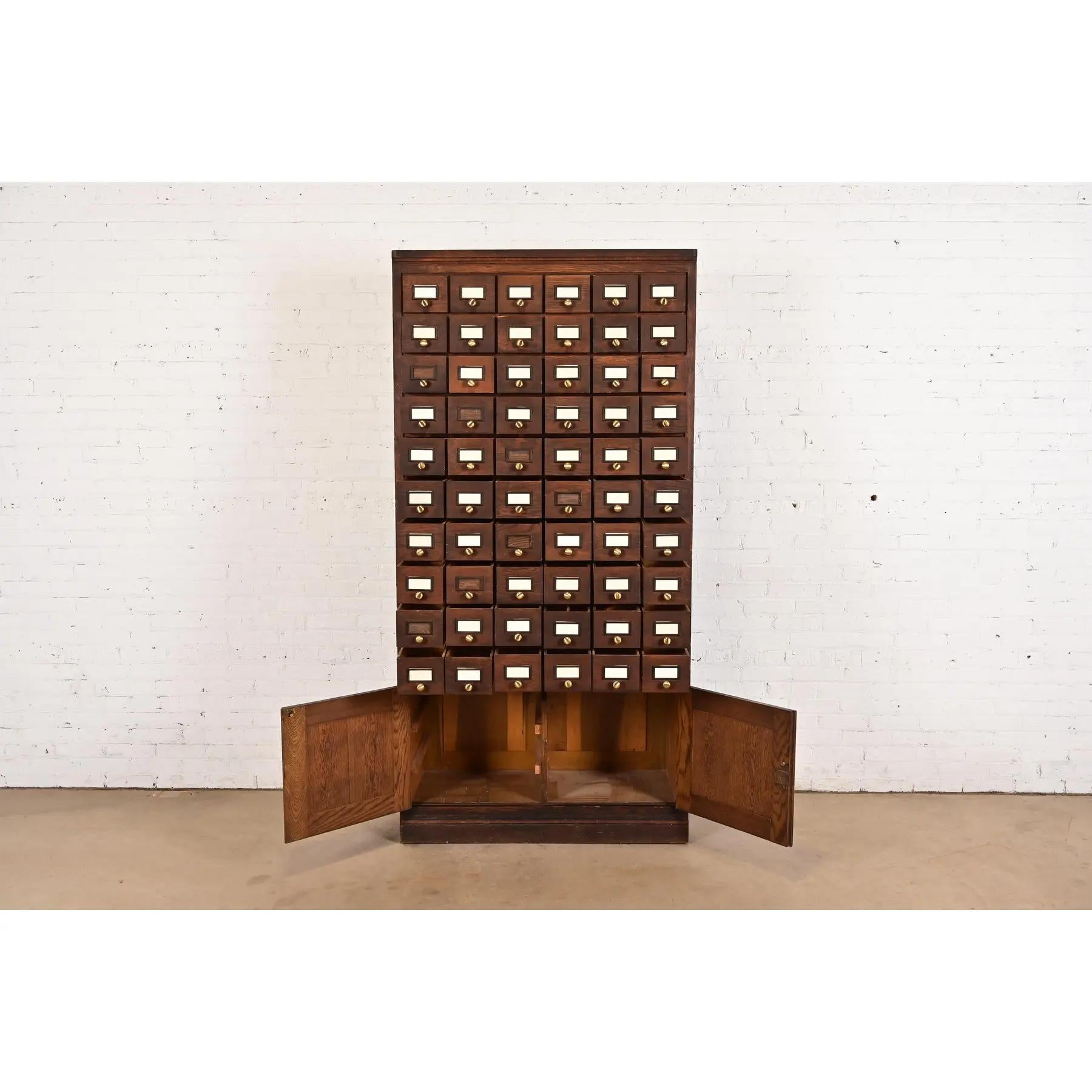 Brass Antique Arts & Crafts Oak 60-Drawer Card Catalog or File Cabinet, Circa 1900 For Sale