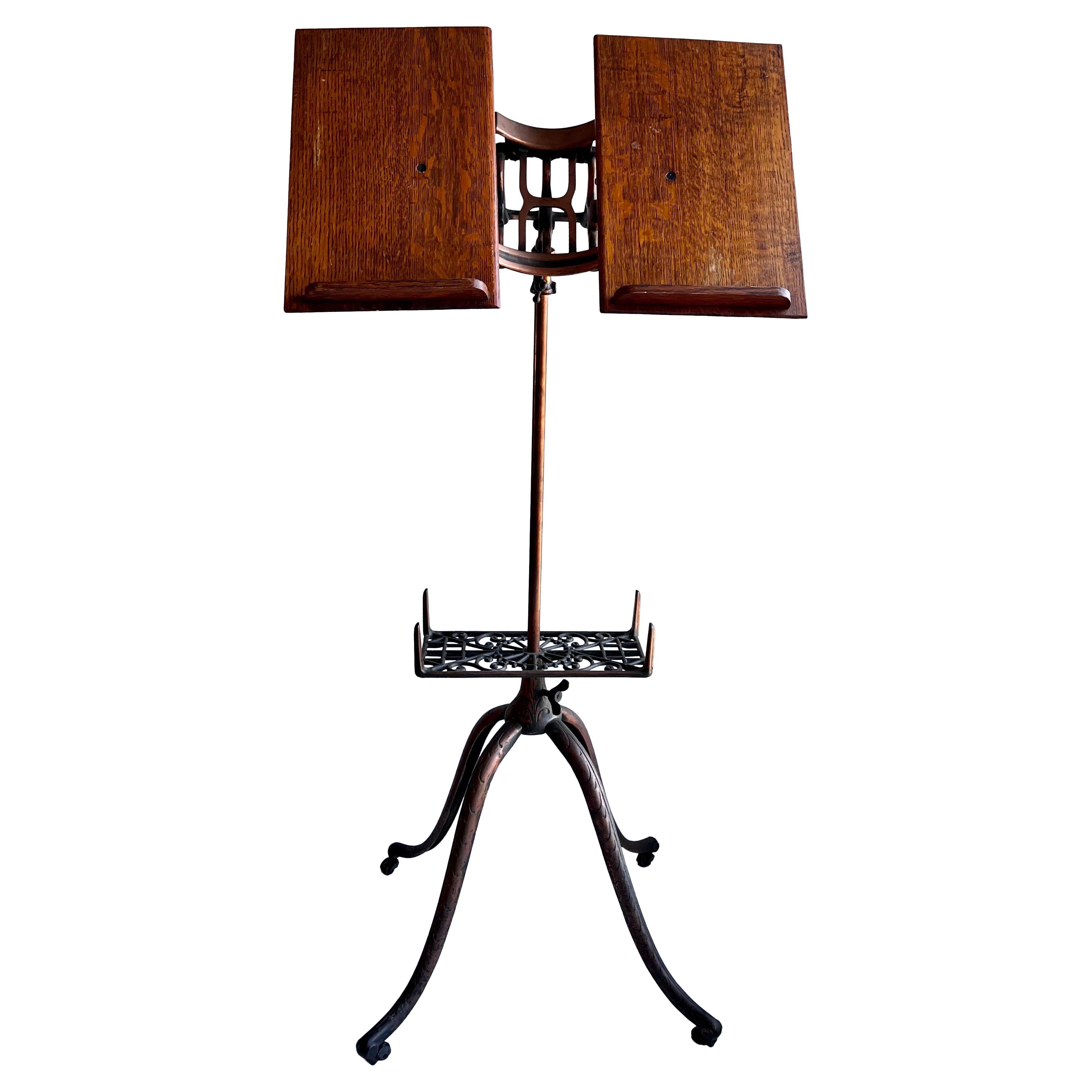 Antique Arts 
Crafts Oak and Brass Book Stand, 1900
s