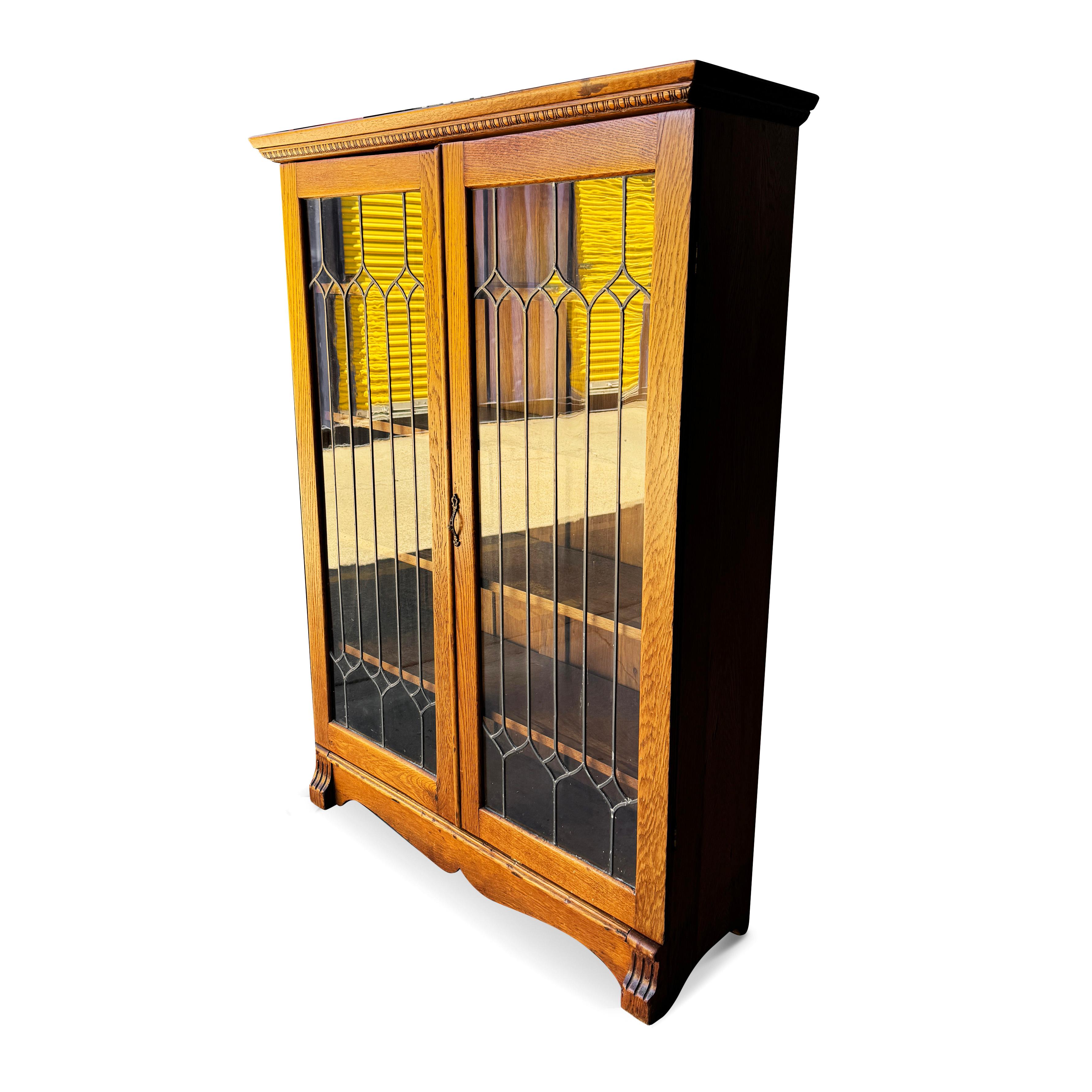 Arts and Crafts Antique Arts & Crafts Oak Bookcase with Leaded Glass Doors