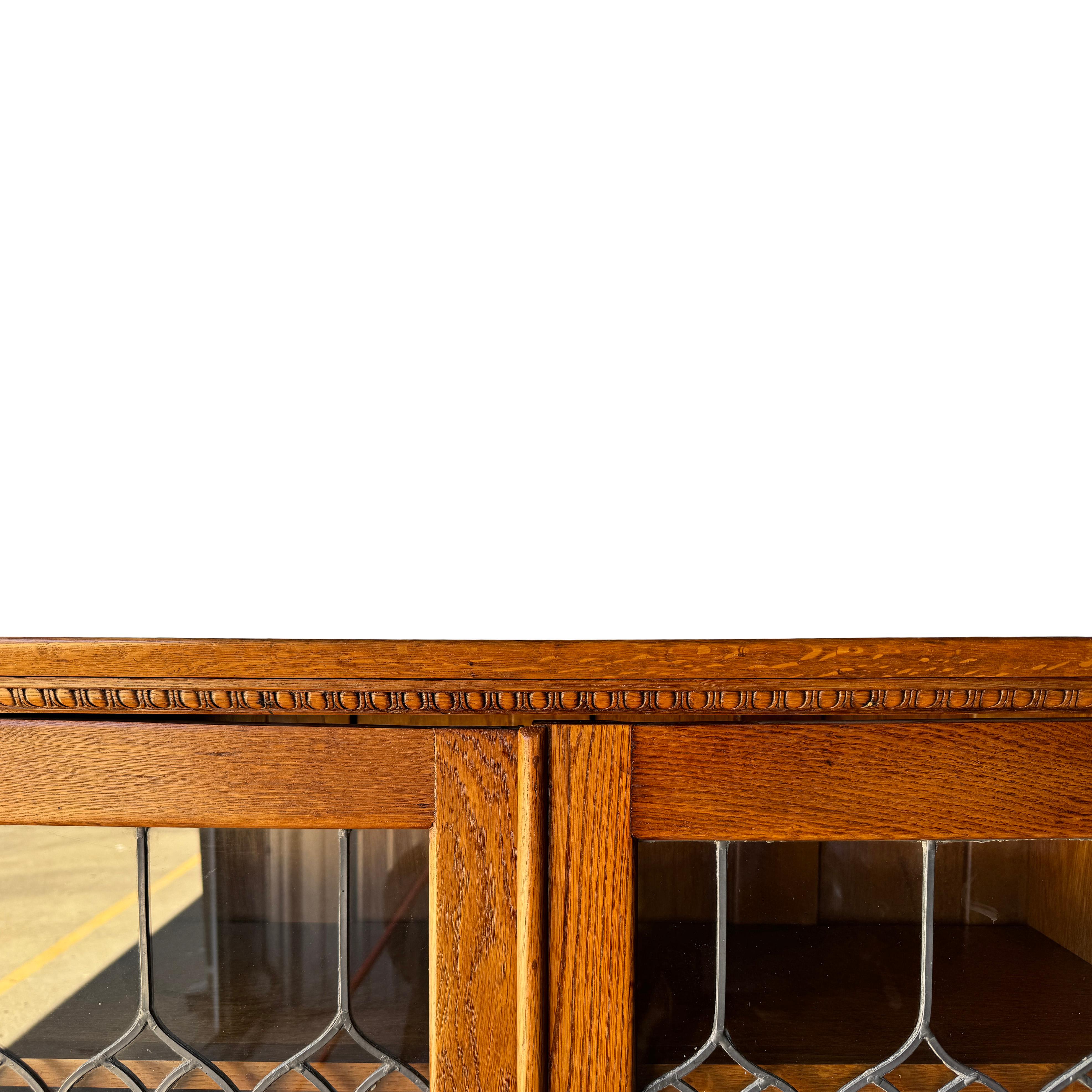 20th Century Antique Arts & Crafts Oak Bookcase with Leaded Glass Doors