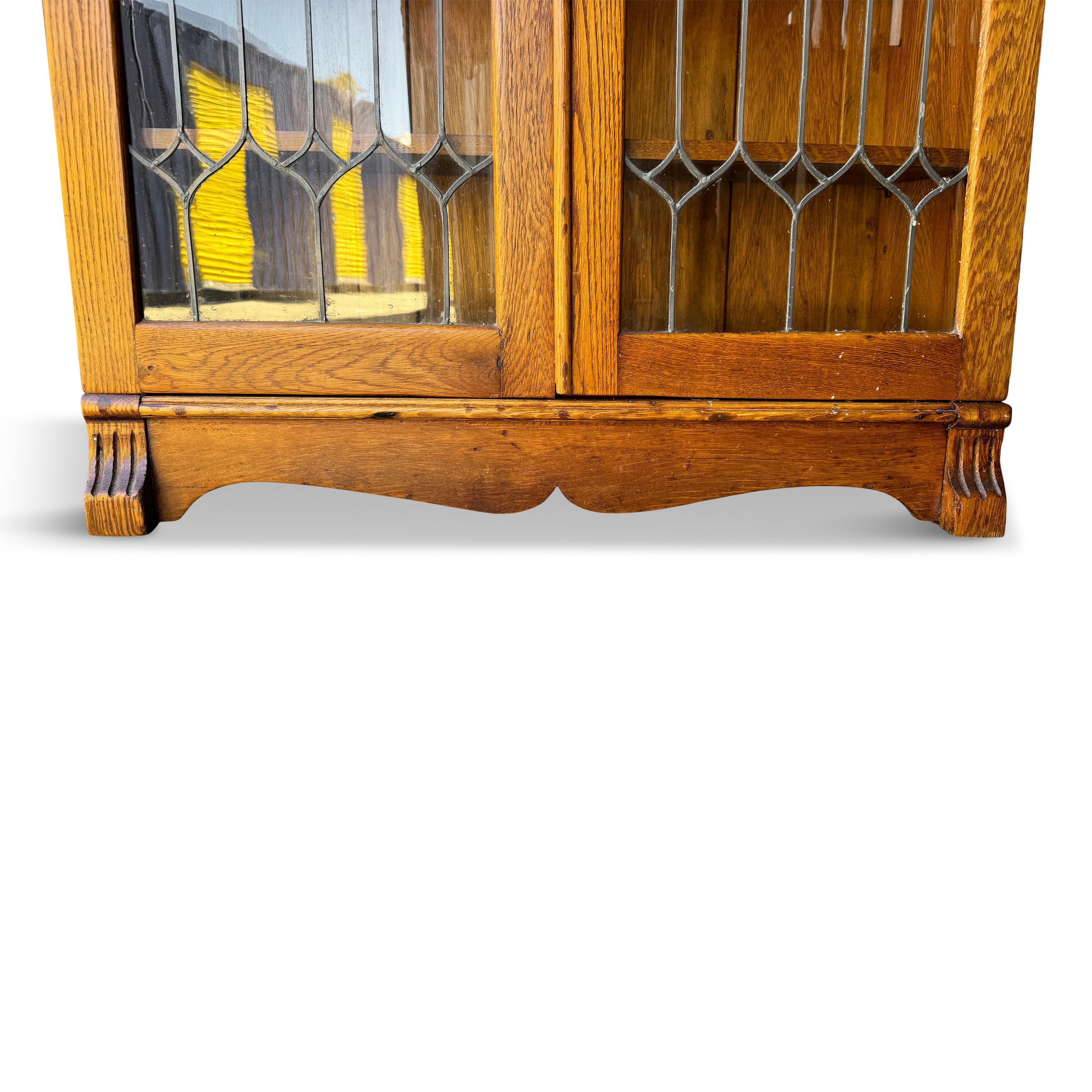 Antique Arts & Crafts Oak Bookcase with Leaded Glass Doors 2