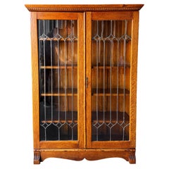 Antique Arts & Crafts Oak Bookcase with Leaded Glass Doors