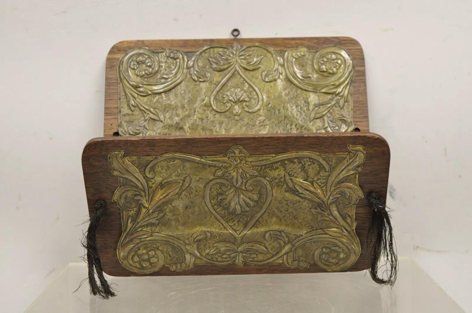 Arts and Crafts Antique Arts & Crafts Oak & Brass Embossed Folding Wall Hanging Letter Holder For Sale