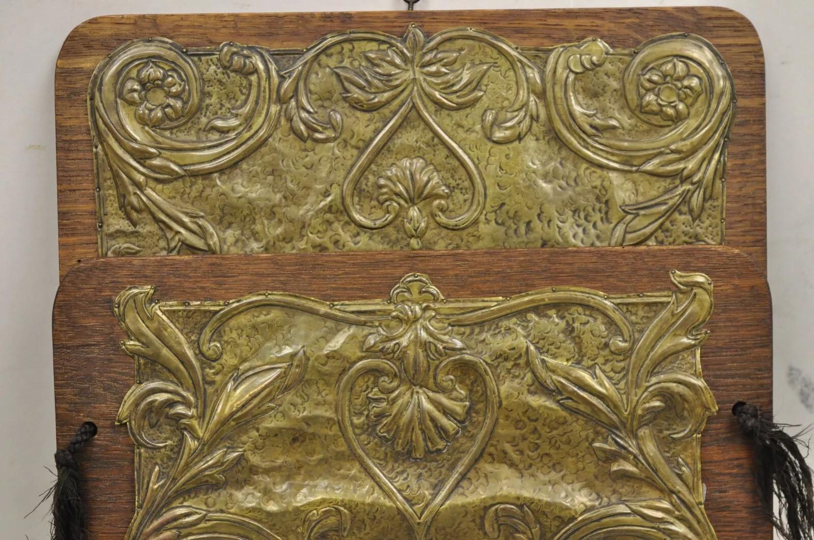 Unknown Antique Arts & Crafts Oak & Brass Embossed Folding Wall Hanging Letter Holder For Sale
