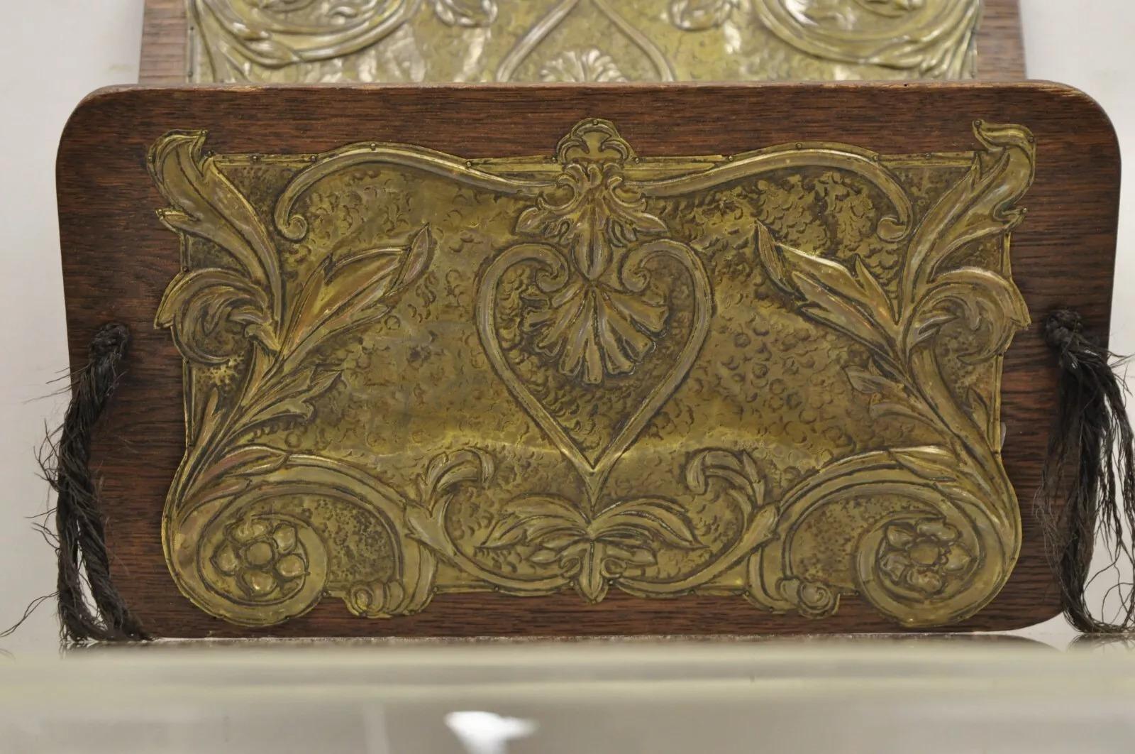 20th Century Antique Arts & Crafts Oak & Brass Embossed Folding Wall Hanging Letter Holder For Sale