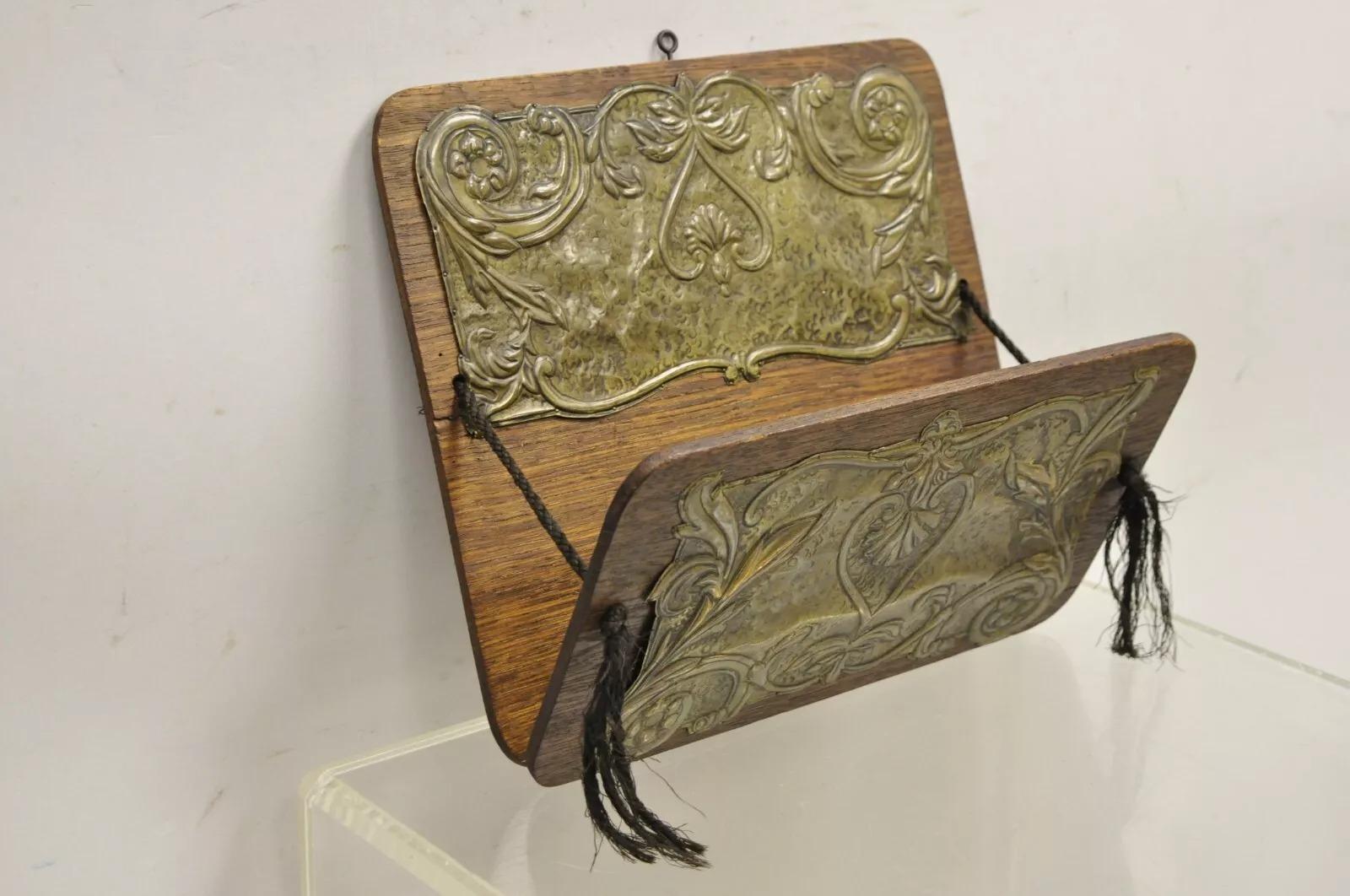 Antique Arts & Crafts Oak & Brass Embossed Folding Wall Hanging Letter Holder For Sale 1