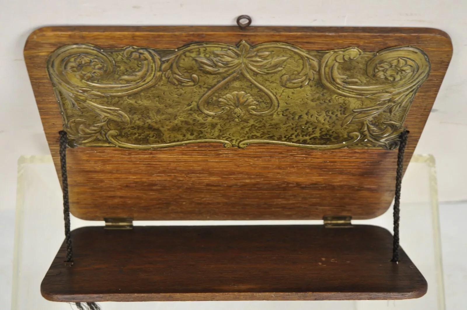 Antique Arts & Crafts Oak & Brass Embossed Folding Wall Hanging Letter Holder For Sale 2