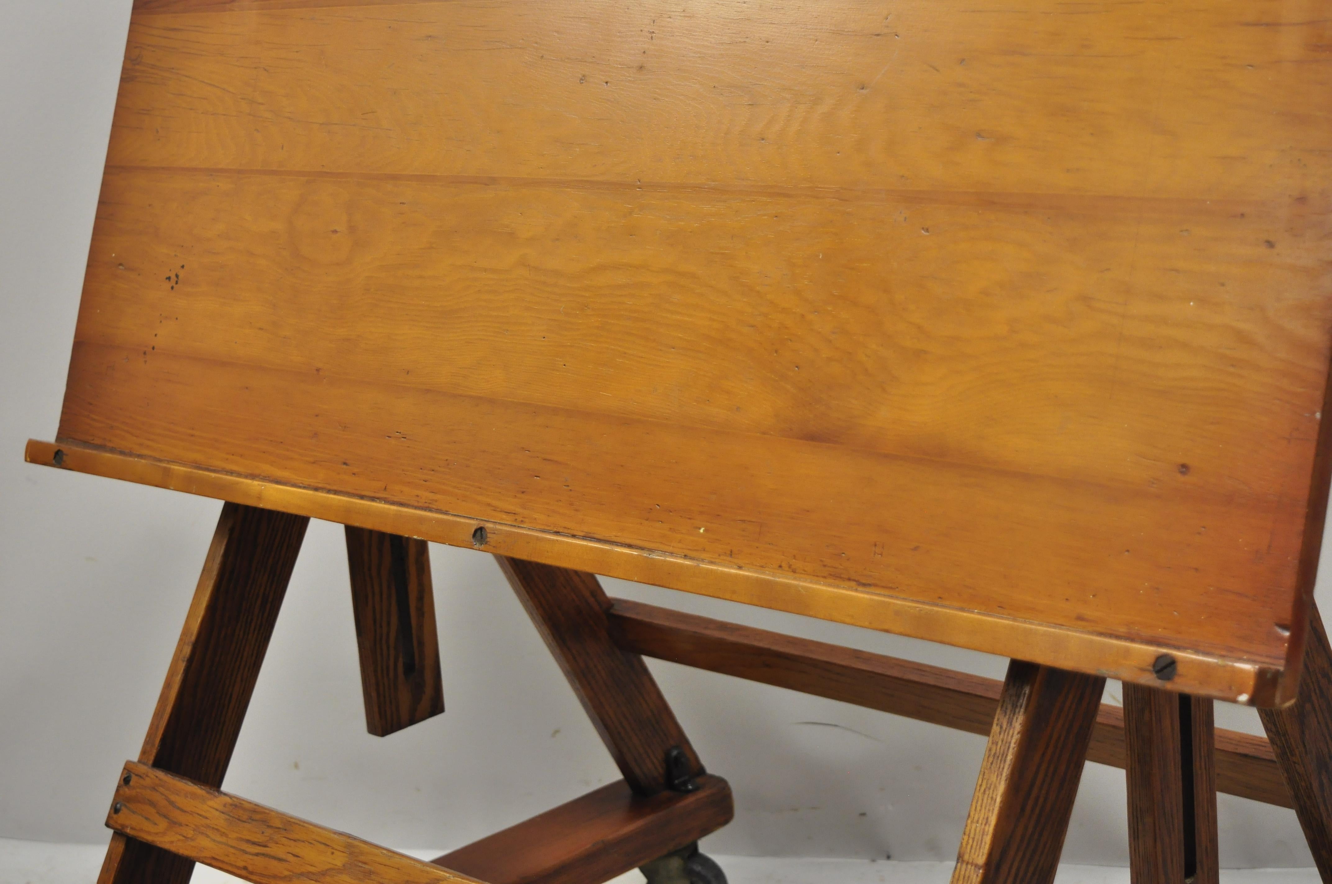 Antique Arts & Crafts Oak Cherry Pine Wood Artist Drafting Table on Wheels 3