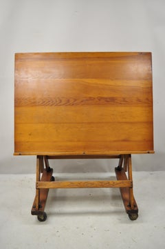Antique Arts & Crafts Oak Cherry Pine Wood Artist Drafting Table on Wheels