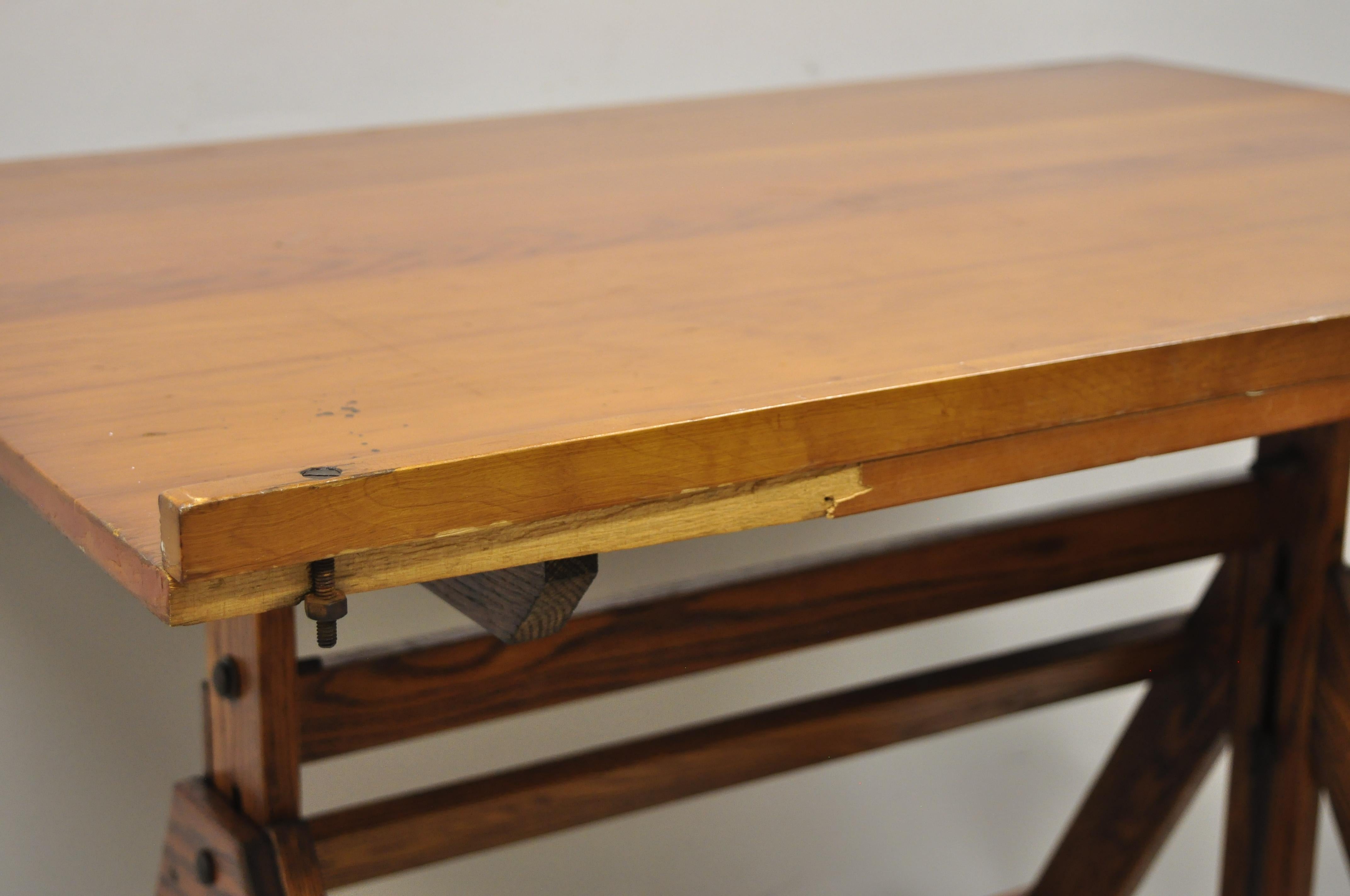 20th Century Antique Arts & Crafts Oak Cherry Pine Wood Artist Drafting Table on Wheels