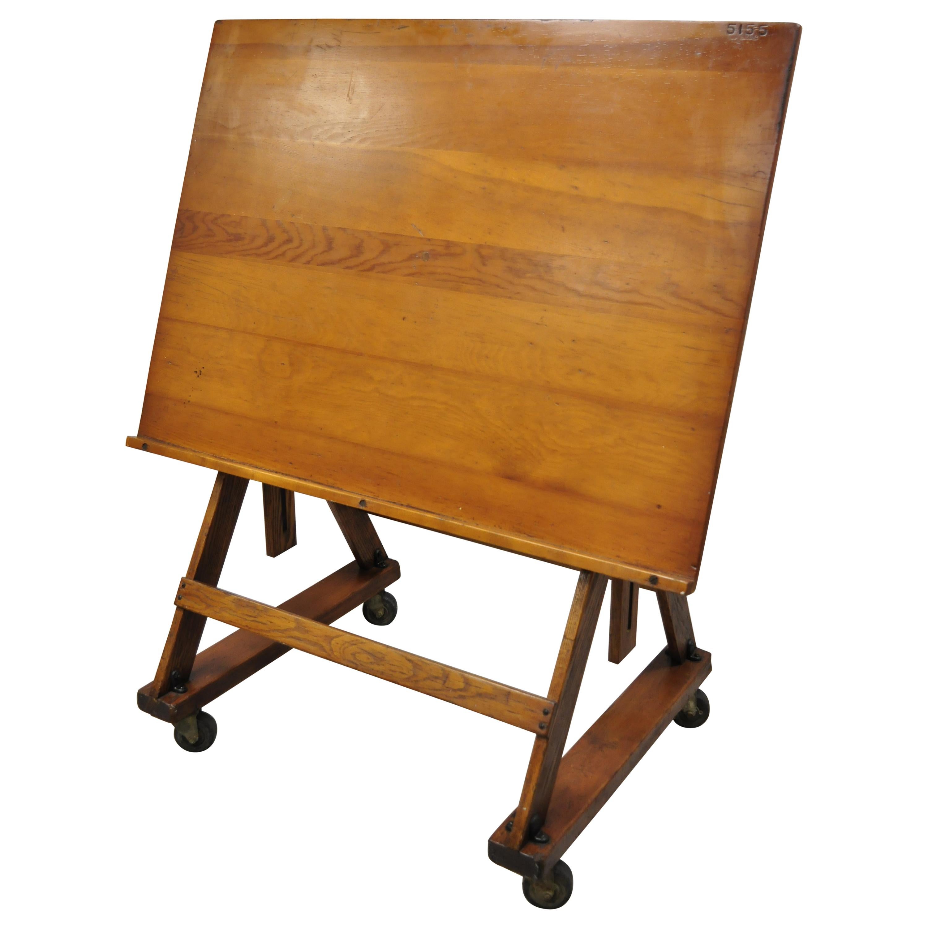 Antique Arts & Crafts Oak Cherry Pine Wood Artist Drafting Table on Wheels