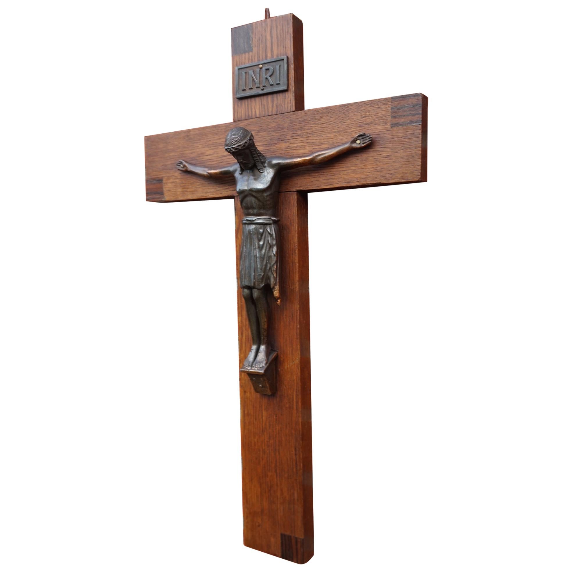 Antique Arts & Crafts Oak Cross and Bronzed Metal Corpus of Christ Crucifix