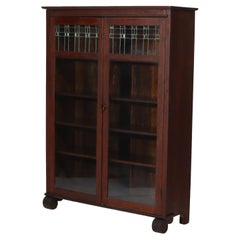 Antique Arts & Crafts Oak Double Door Bookcase with Leaded Glass C1920