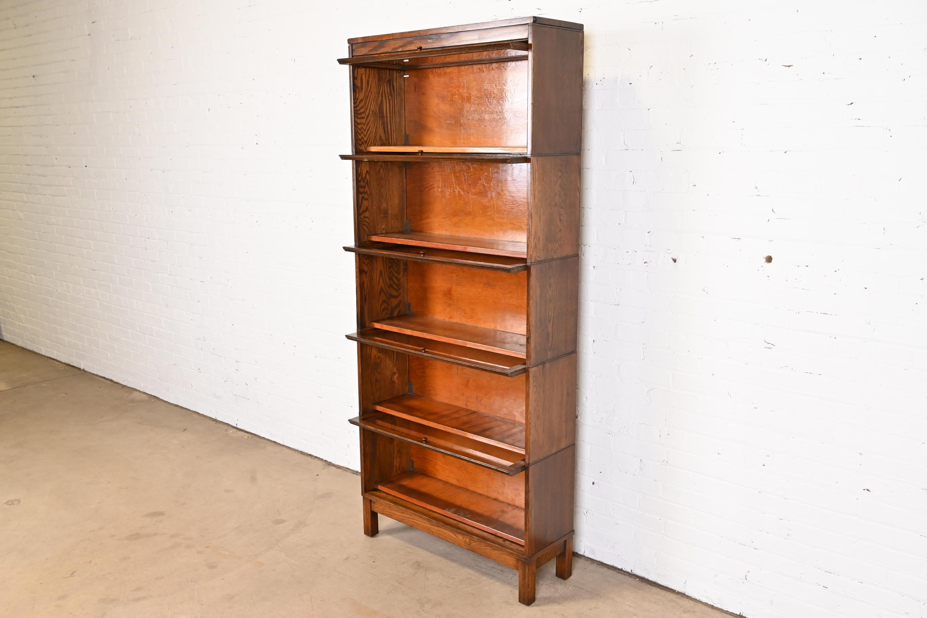 Brass Antique Arts & Crafts Oak Five-Stack Barrister Bookcase by Lundstrom, Circa 1920 For Sale