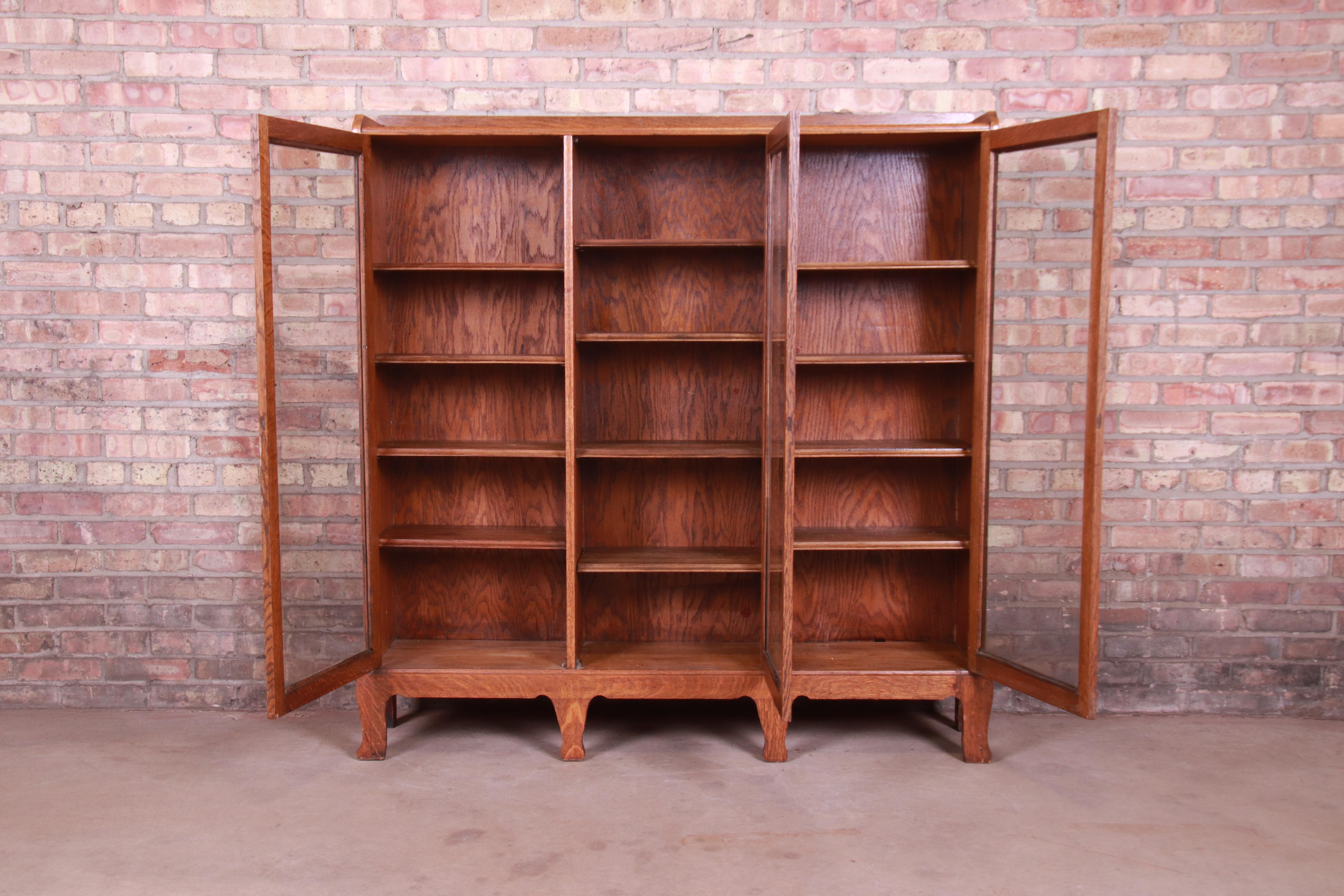 Antique Arts & Crafts Oak Glass Front Triple Bookcase, circa 1900 In Good Condition In South Bend, IN