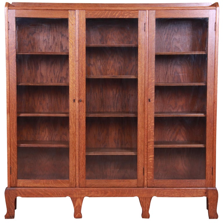 Crafts Oak Glass Front Triple Bookcase, Arts And Crafts Bookcase Plans