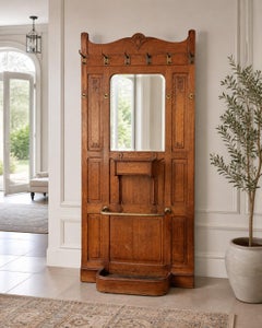 Antique Arts & Crafts Oak Hall Coat Rack with Mirror, Bat Motif & Umbrella Stand