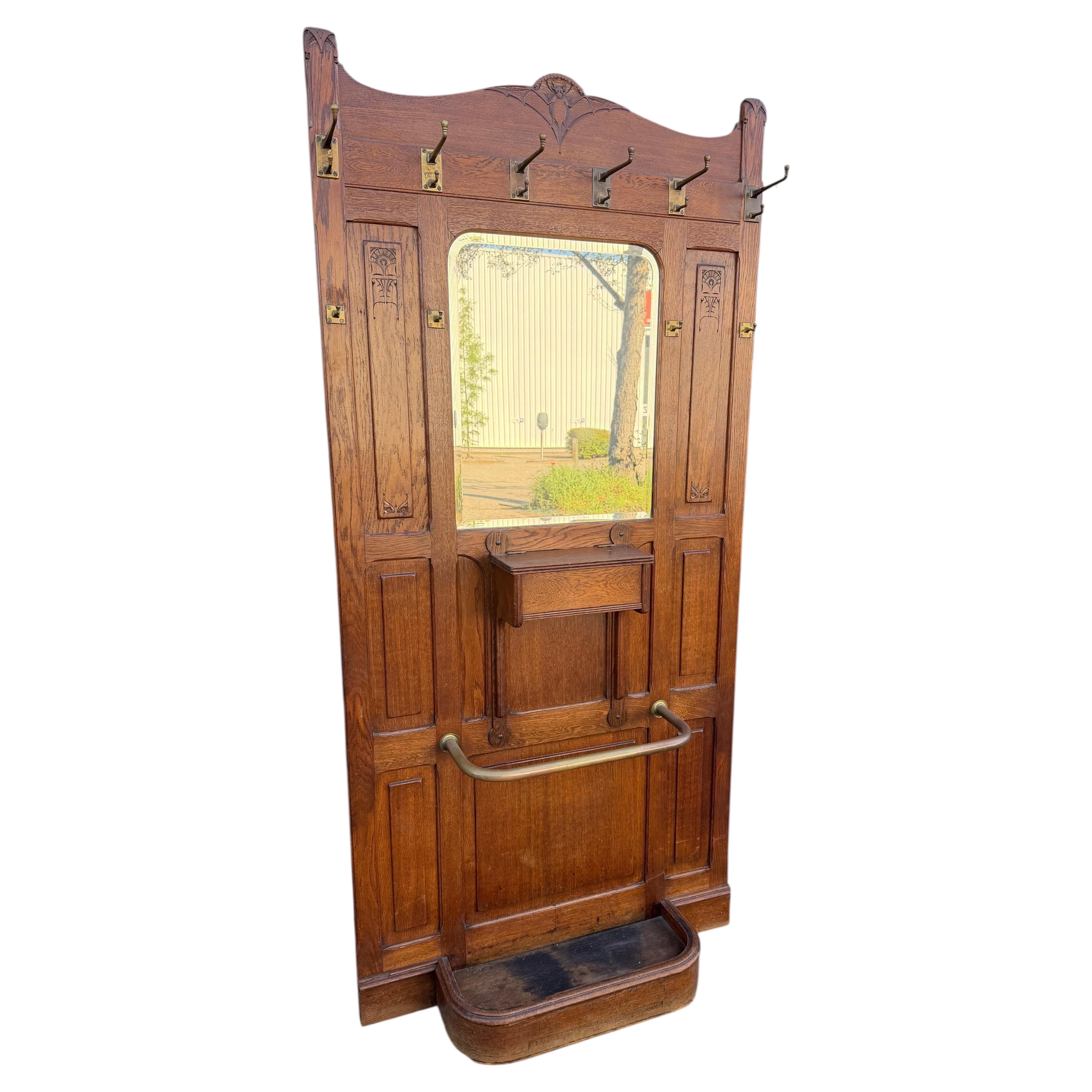 Antique Arts & Crafts Oak Hall Coat Rack with Mirror, Bat Motif & Umbrella Stand