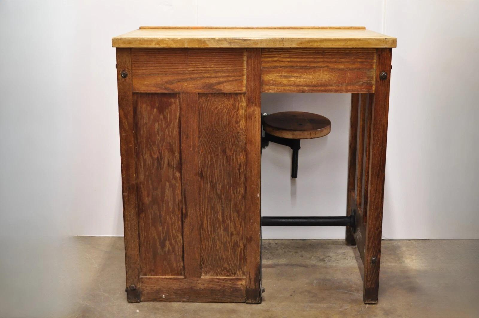 Antique Arts & Crafts Oak Jewelers Workbench Desk Drafting Table w/ Swivel Stool For Sale 4