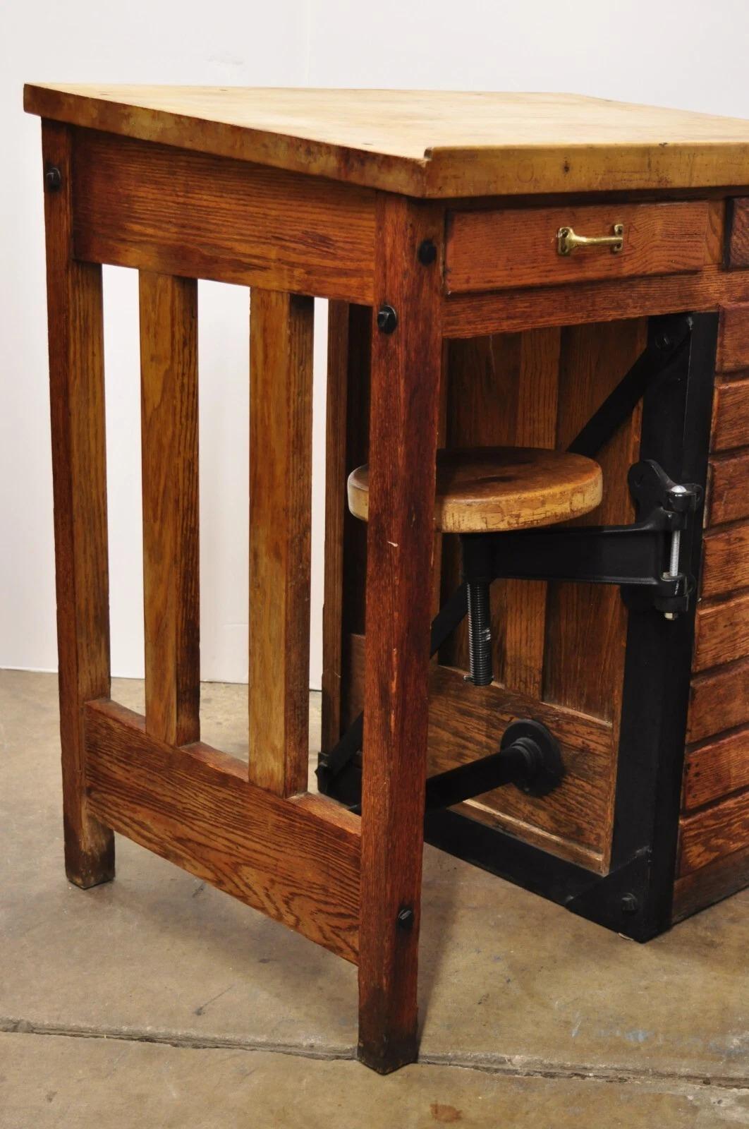 Antique Arts & Crafts Oak Jewelers Workbench Desk Drafting Table w/ Swivel Stool For Sale 7