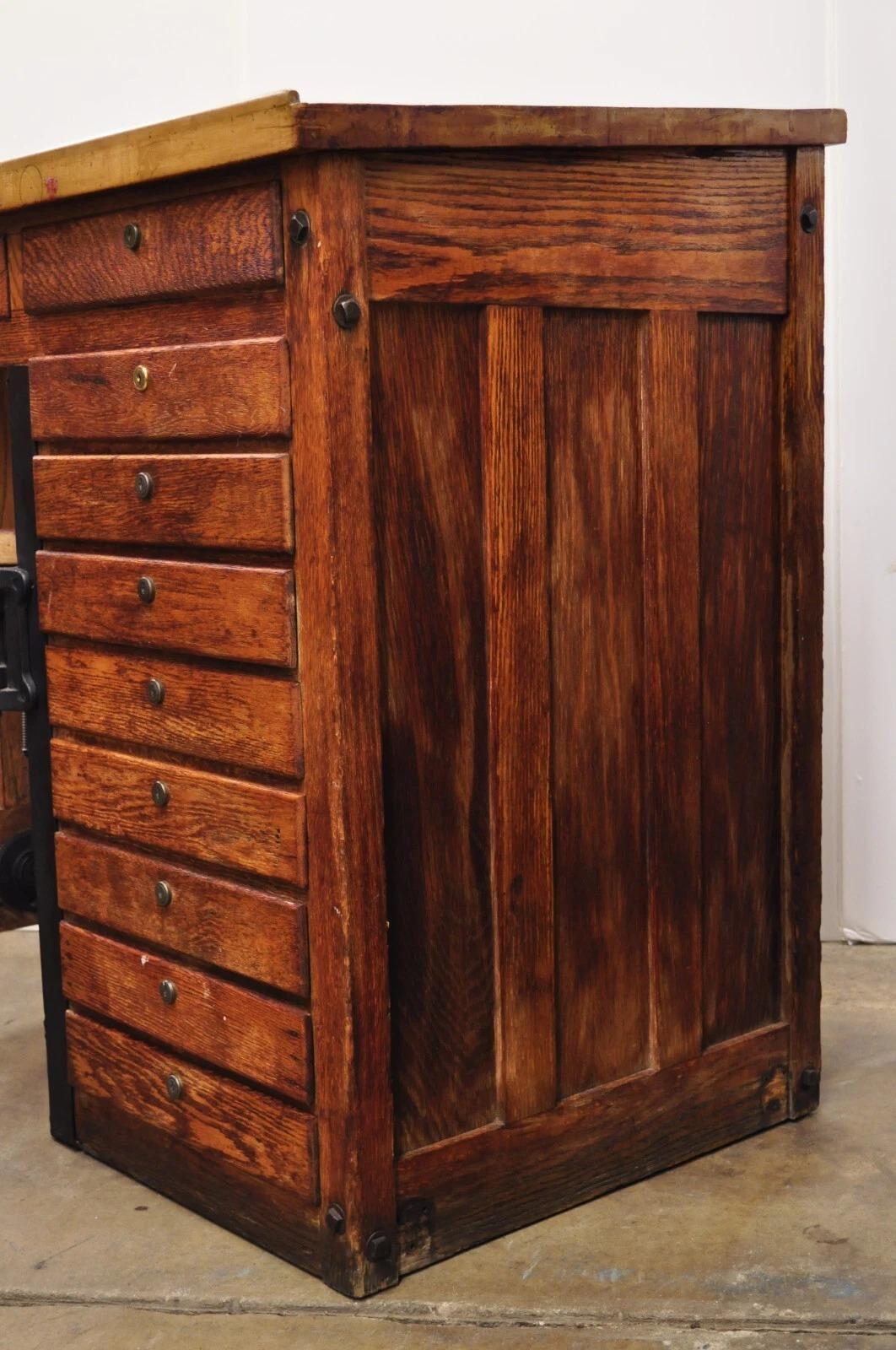 Antique Arts & Crafts Oak Jewelers Workbench Desk Drafting Table w/ Swivel Stool For Sale 8