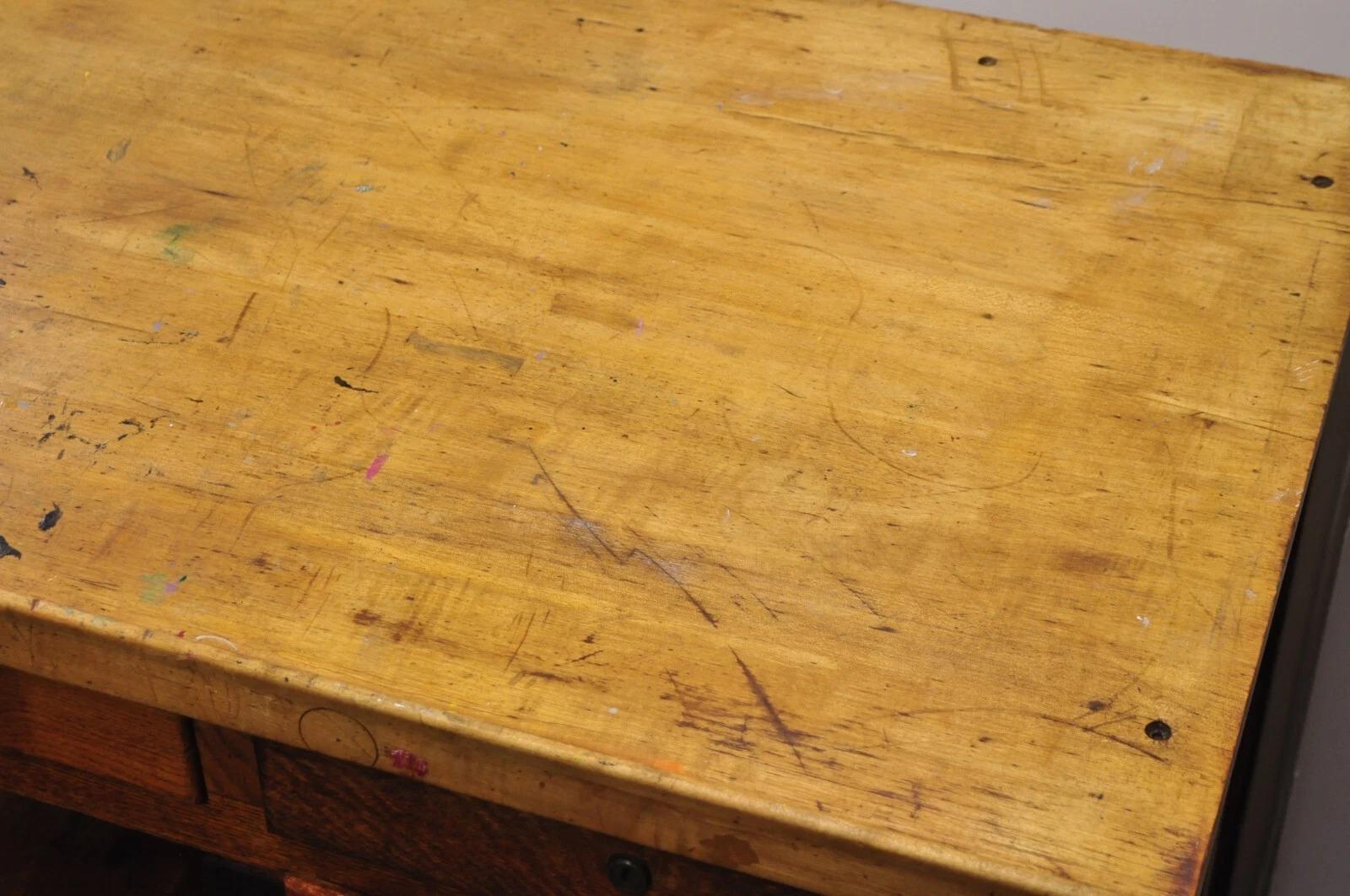 Antique Arts & Crafts Oak Jewelers Workbench Desk Drafting Table w/ Swivel Stool For Sale 9
