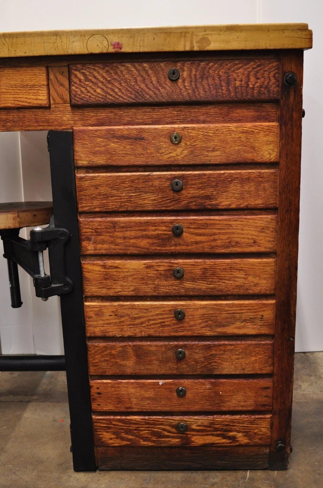 Antique Arts & Crafts Oak Jewelers Workbench Desk Drafting Table w/ Swivel Stool For Sale 11