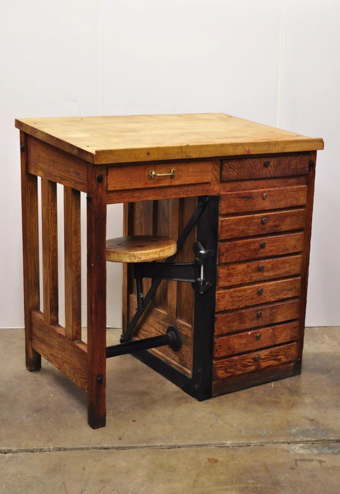 Antique Arts & Crafts Oak Jewelers Workbench Desk Drafting Table w/ Swivel Stool For Sale 12