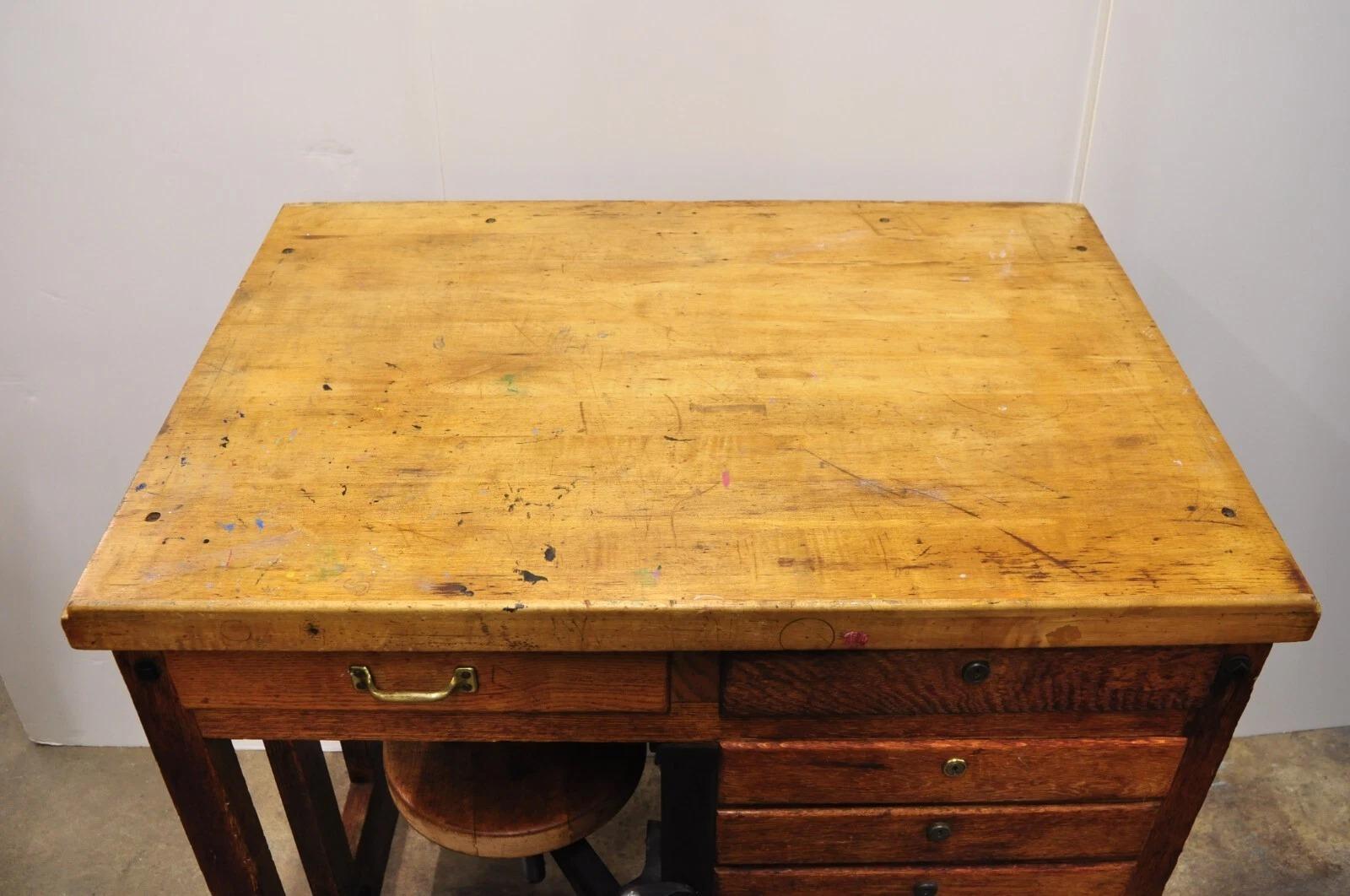 Arts and Crafts Antique Arts & Crafts Oak Jewelers Workbench Desk Drafting Table w/ Swivel Stool For Sale