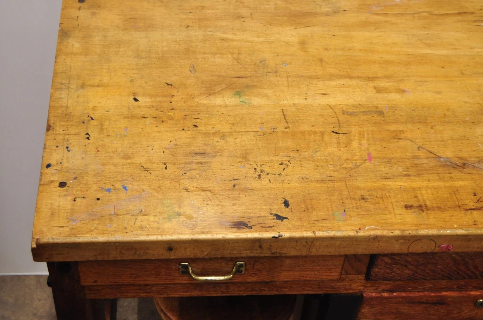 Unknown Antique Arts & Crafts Oak Jewelers Workbench Desk Drafting Table w/ Swivel Stool For Sale