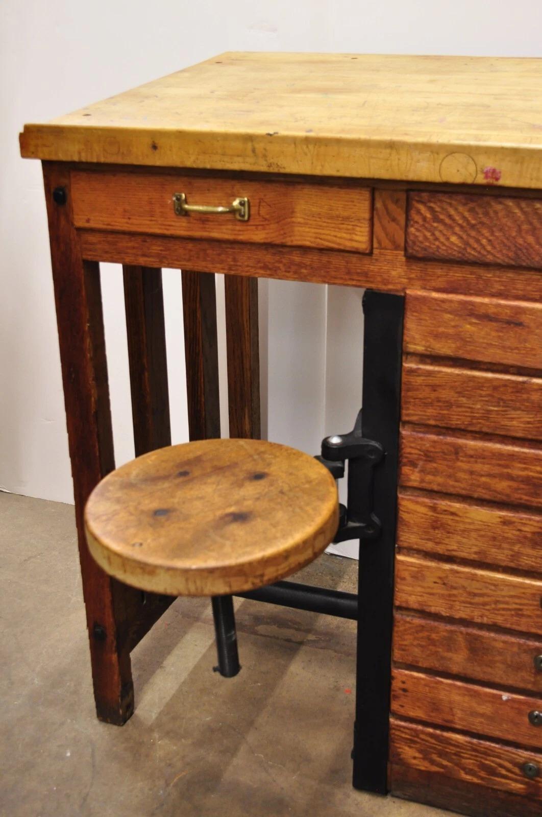 Cast Antique Arts & Crafts Oak Jewelers Workbench Desk Drafting Table w/ Swivel Stool For Sale