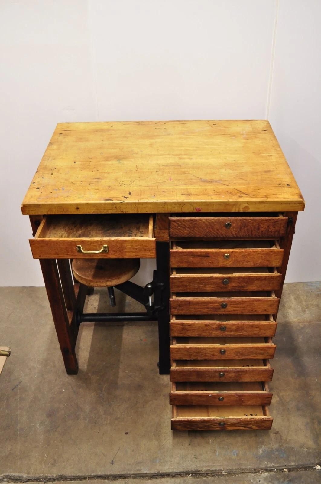 20th Century Antique Arts & Crafts Oak Jewelers Workbench Desk Drafting Table w/ Swivel Stool For Sale