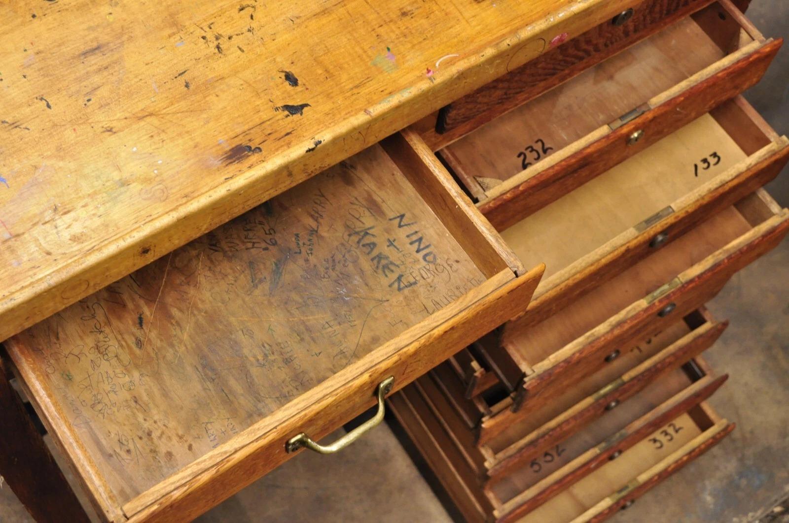 Iron Antique Arts & Crafts Oak Jewelers Workbench Desk Drafting Table w/ Swivel Stool For Sale