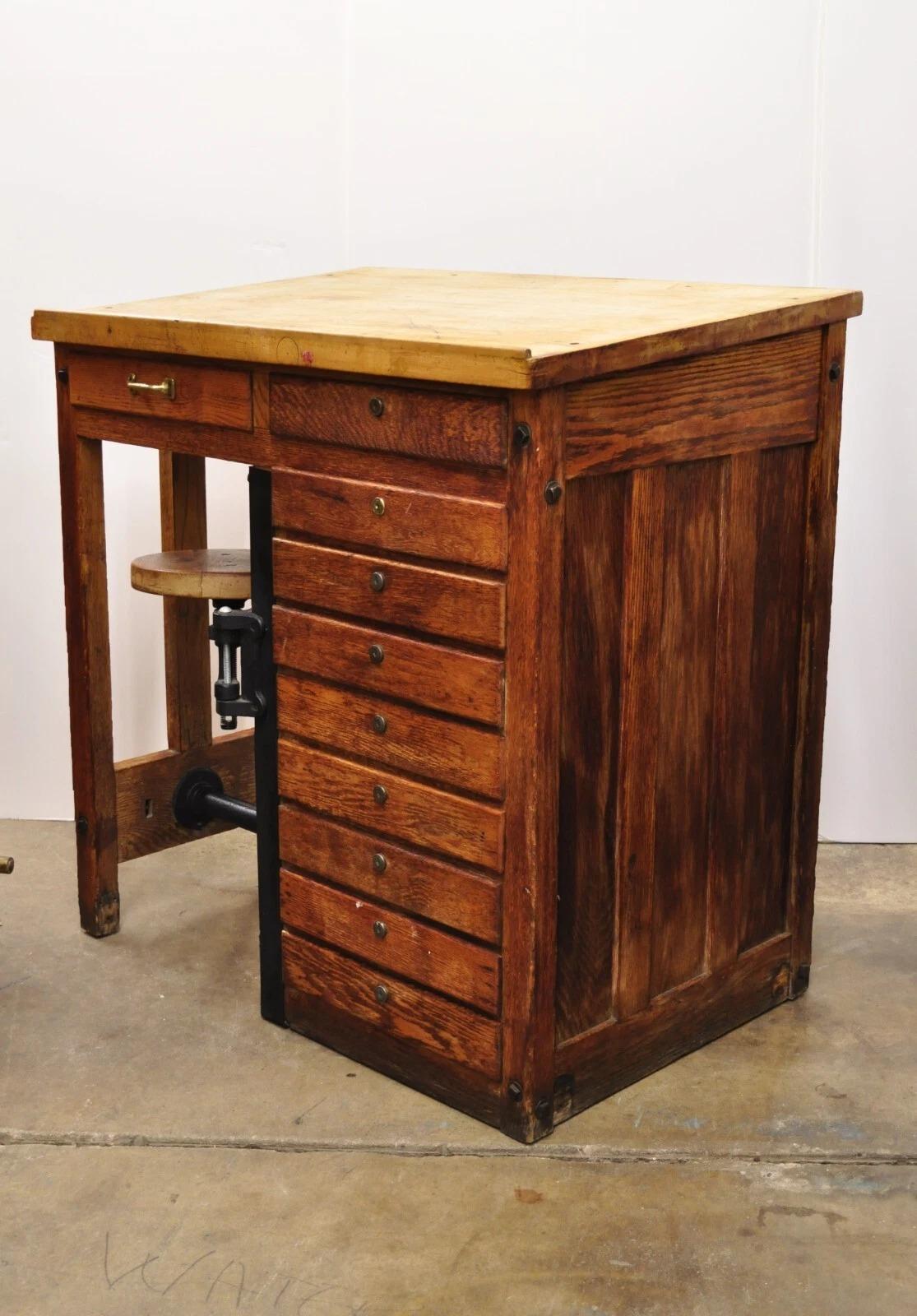 Antique Arts & Crafts Oak Jewelers Workbench Desk Drafting Table w/ Swivel Stool For Sale 1