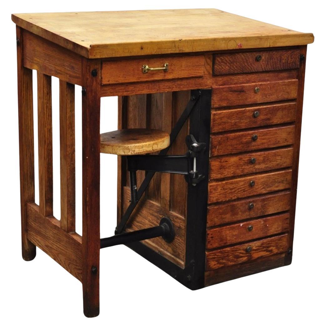Antique Arts & Crafts Oak Jewelers Workbench Desk Drafting Table w/ Swivel Stool For Sale