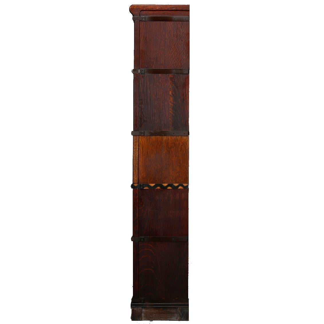 Carved Antique Arts & Crafts Oak Leaded Glass Globe Wernicke Barrister Bookcase