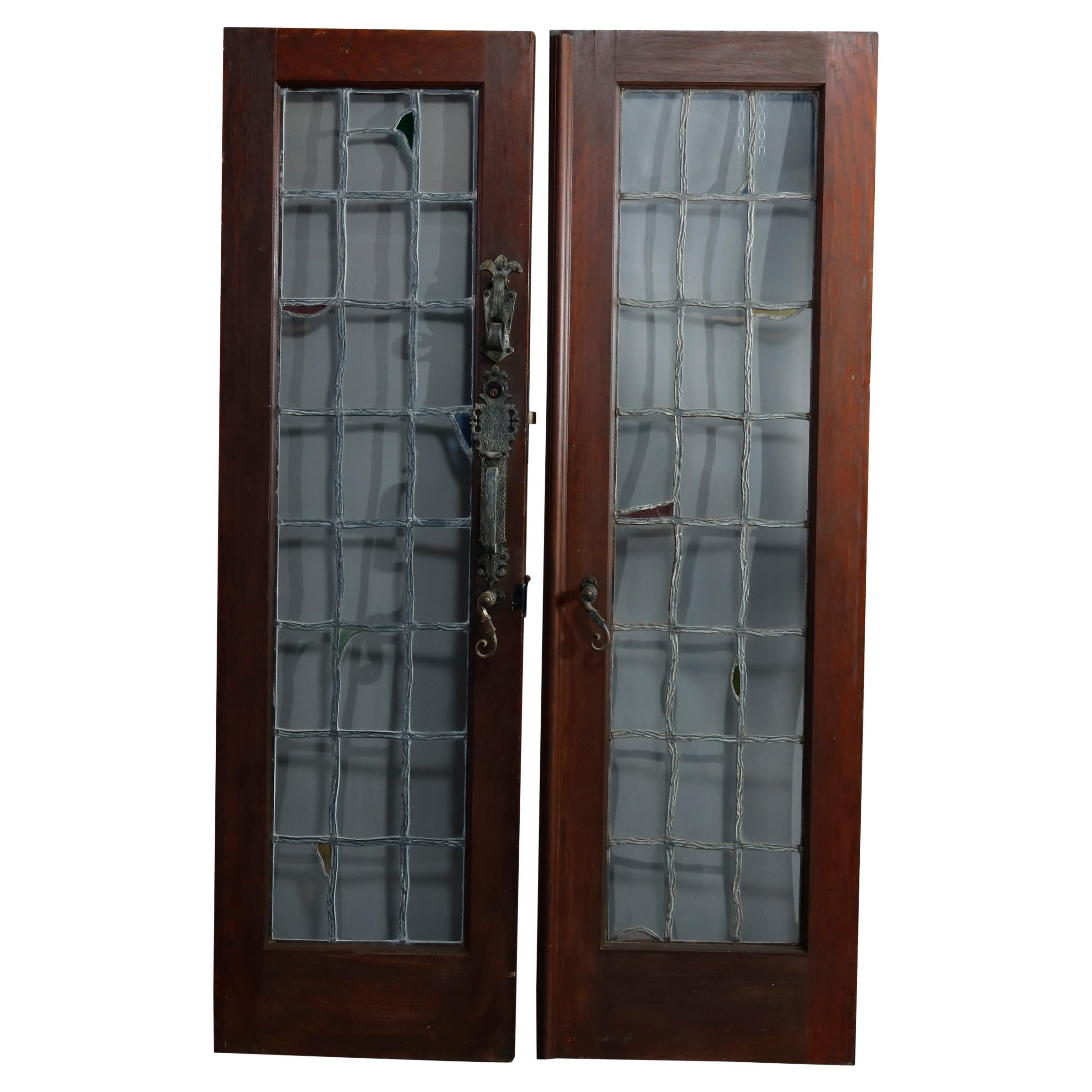Antique Arts and Crafts Oak Leaded Glass Gothic Interior Doors Set