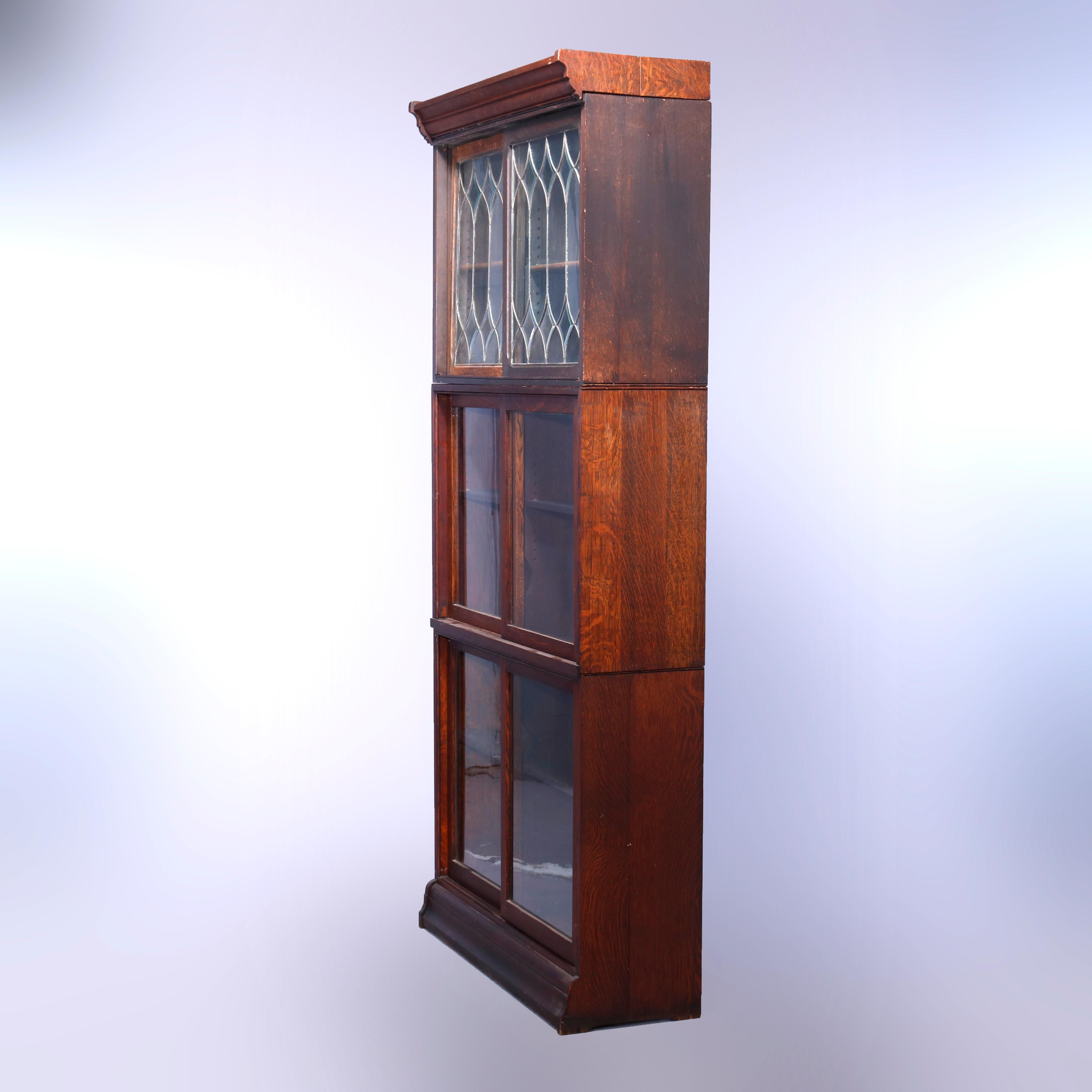 Antique Arts & Crafts Oak & Leaded Glass Sliding Door Barrister Bookcase, c1910 1