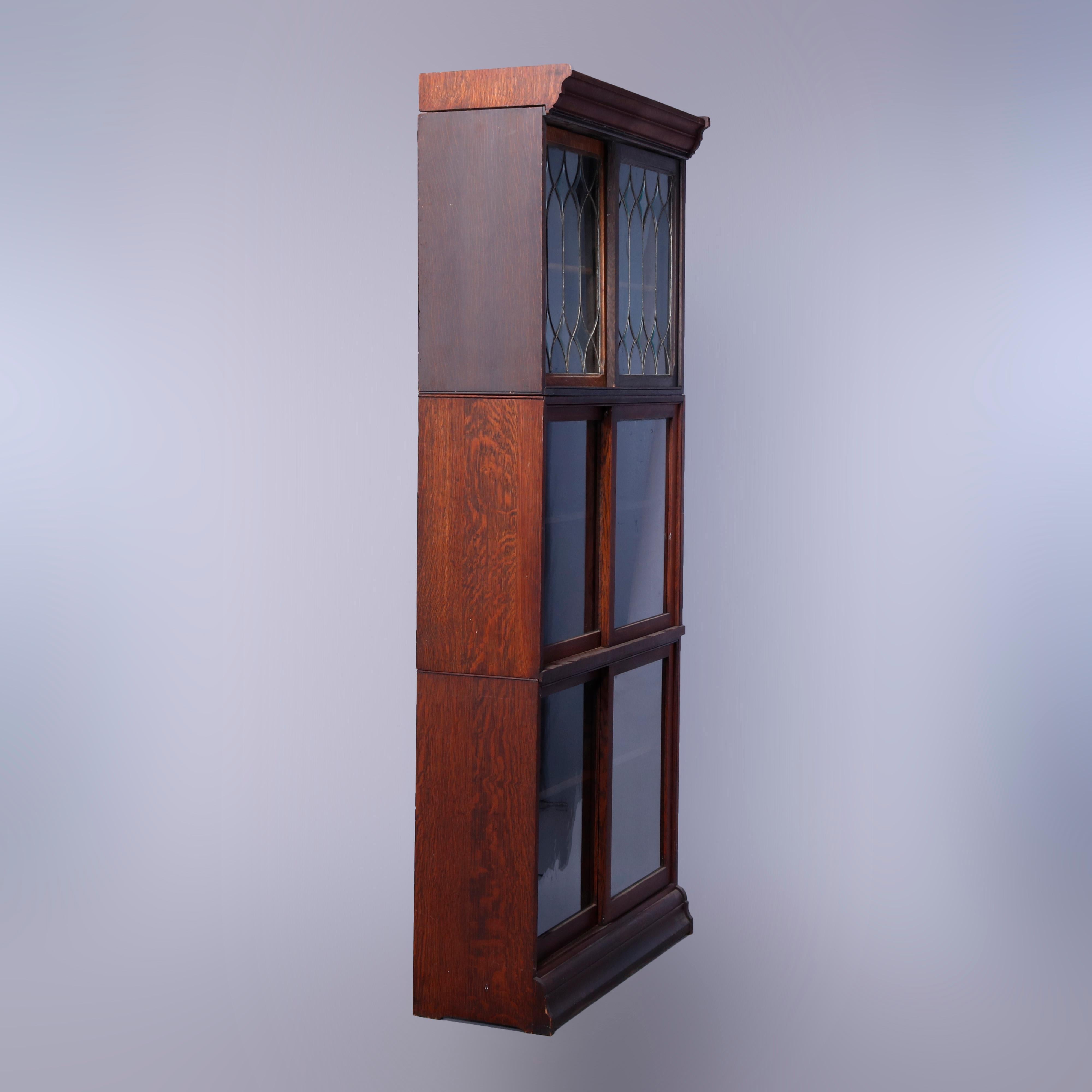 Antique Arts & Crafts Oak & Leaded Glass Sliding Door Barrister Bookcase, c1910 2