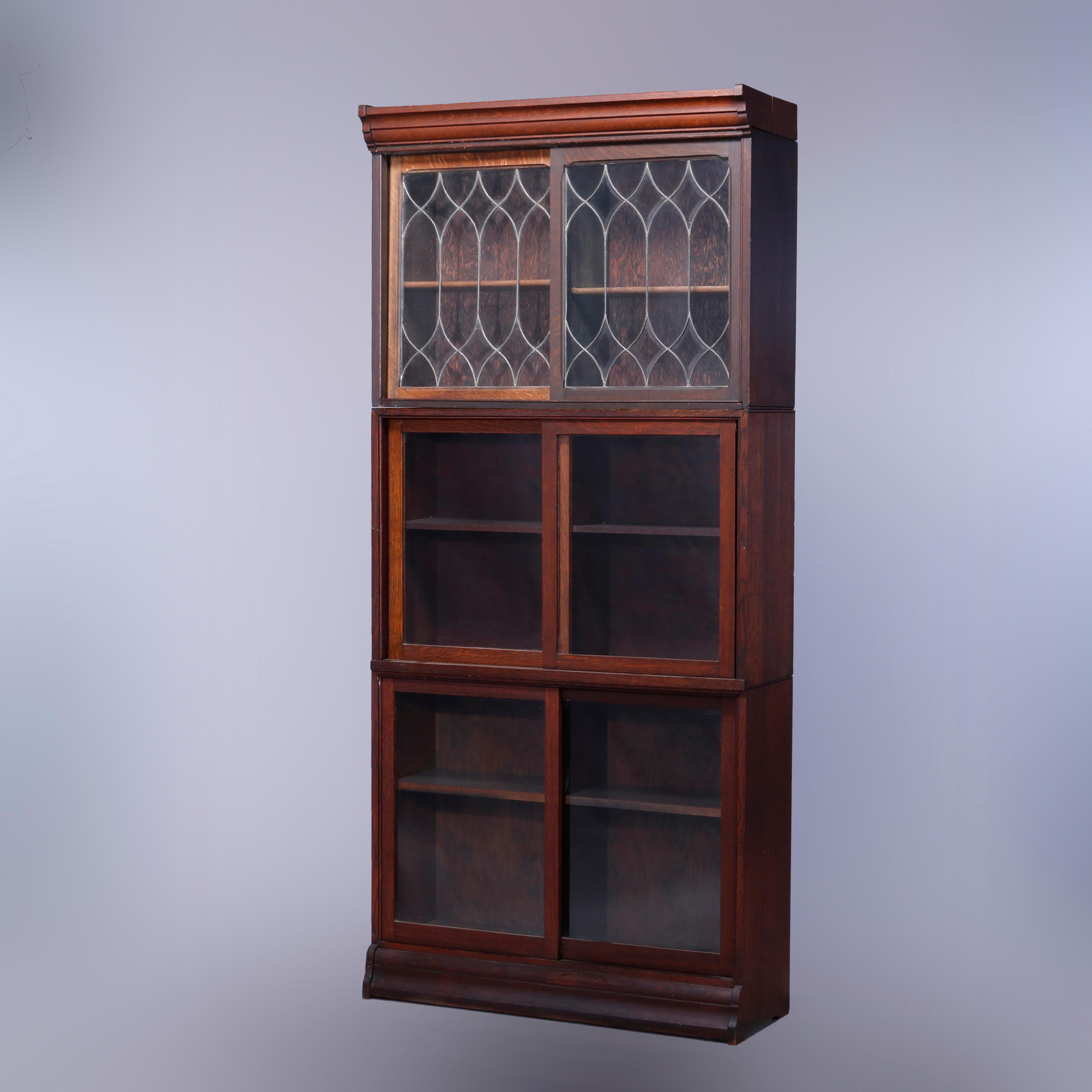 Antique Arts & Crafts Oak & Leaded Glass Sliding Door Barrister Bookcase, c1910 3
