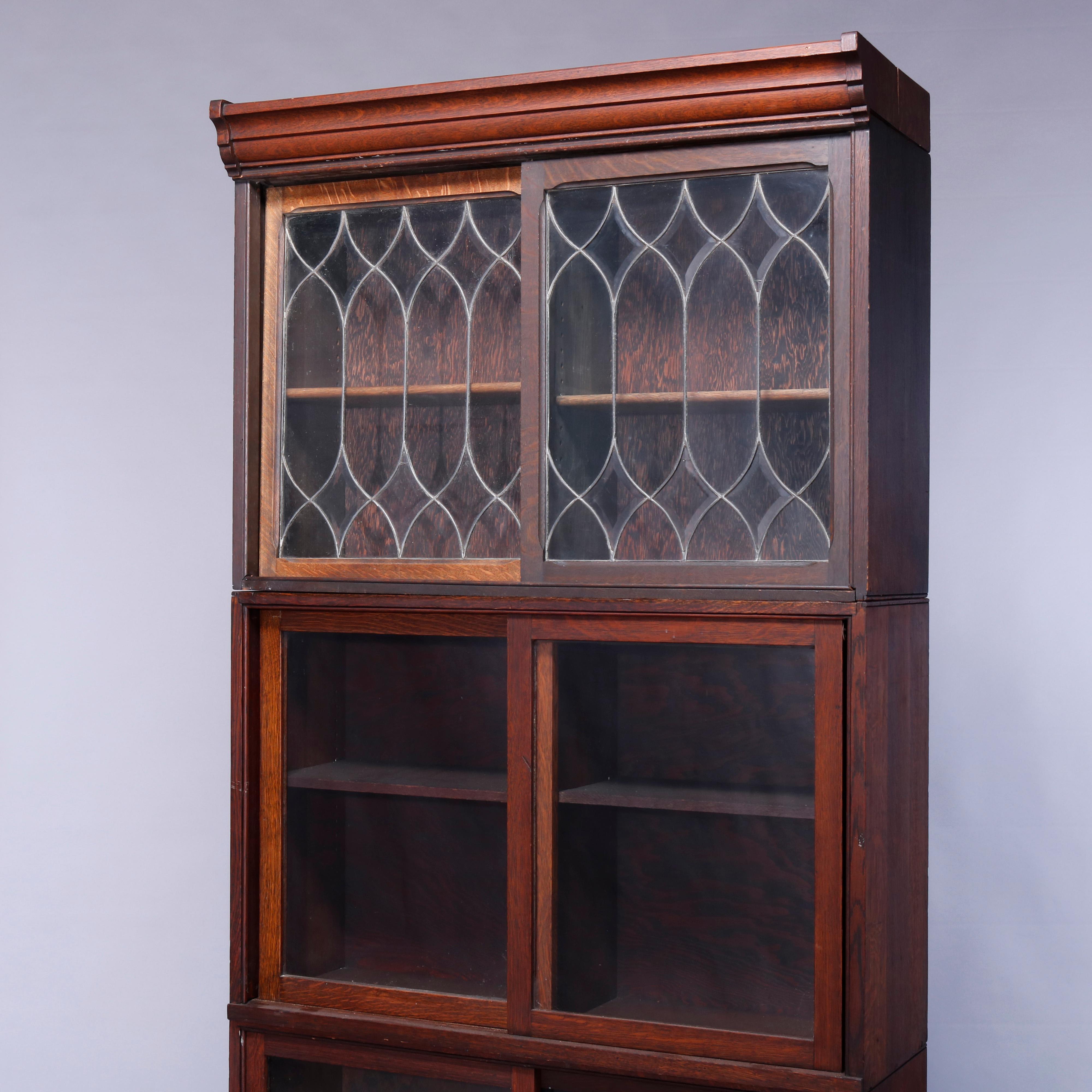 Arts and Crafts Antique Arts & Crafts Oak & Leaded Glass Sliding Door Barrister Bookcase, c1910