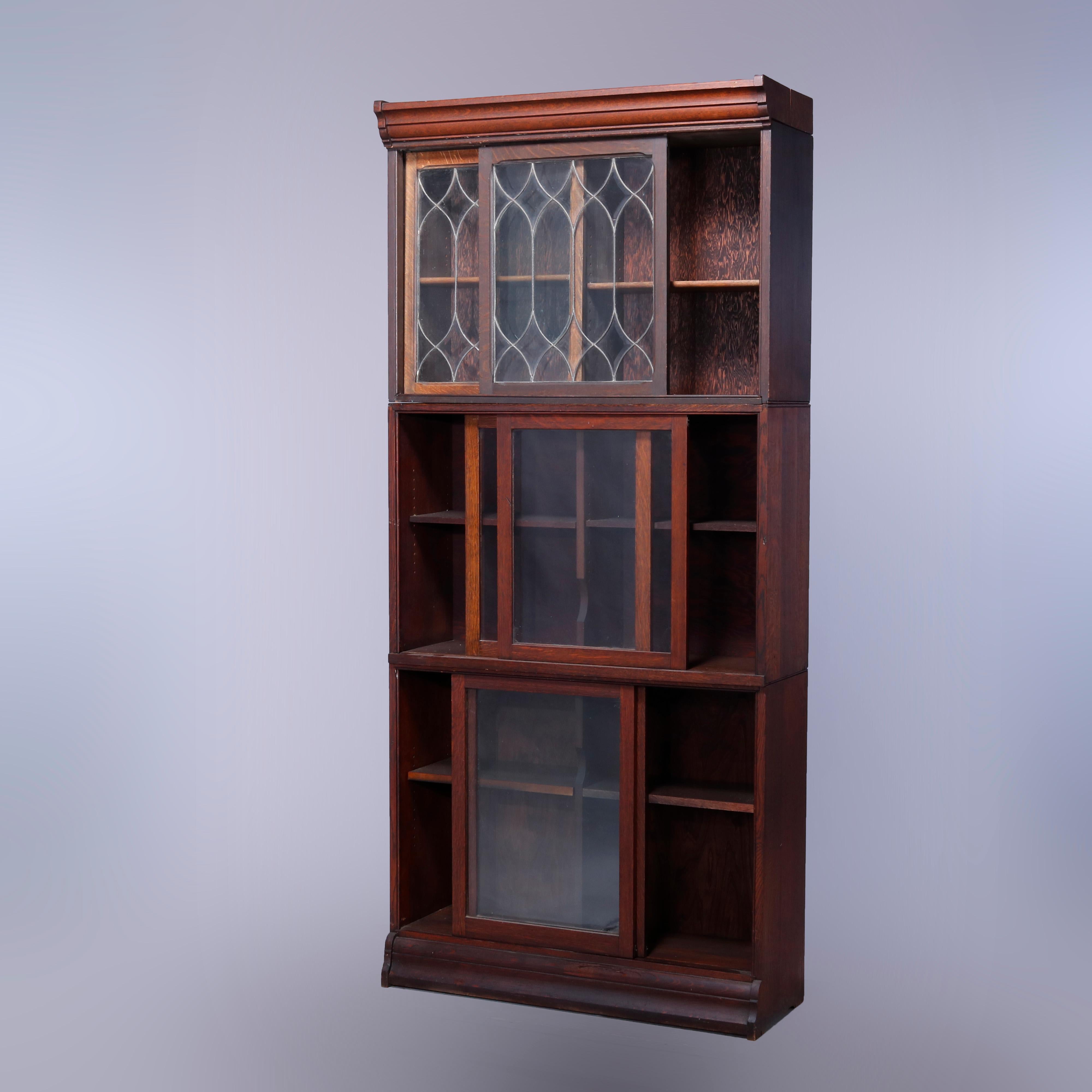 American Antique Arts & Crafts Oak & Leaded Glass Sliding Door Barrister Bookcase, c1910