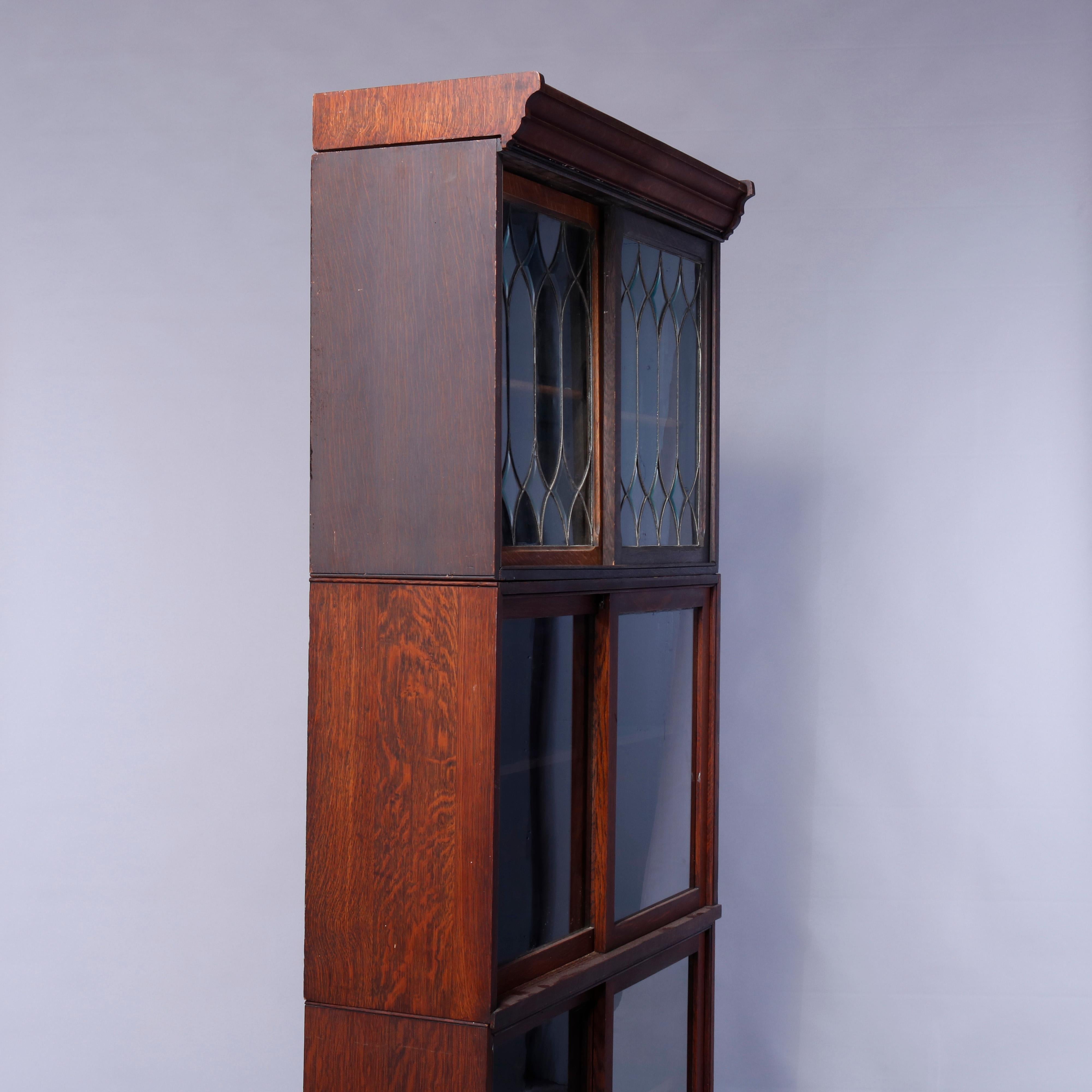 Carved Antique Arts & Crafts Oak & Leaded Glass Sliding Door Barrister Bookcase, c1910