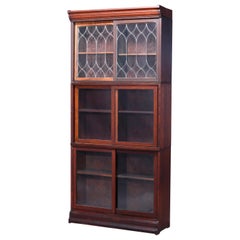 Antique Arts & Crafts Oak & Leaded Glass Sliding Door Barrister Bookcase, c1910