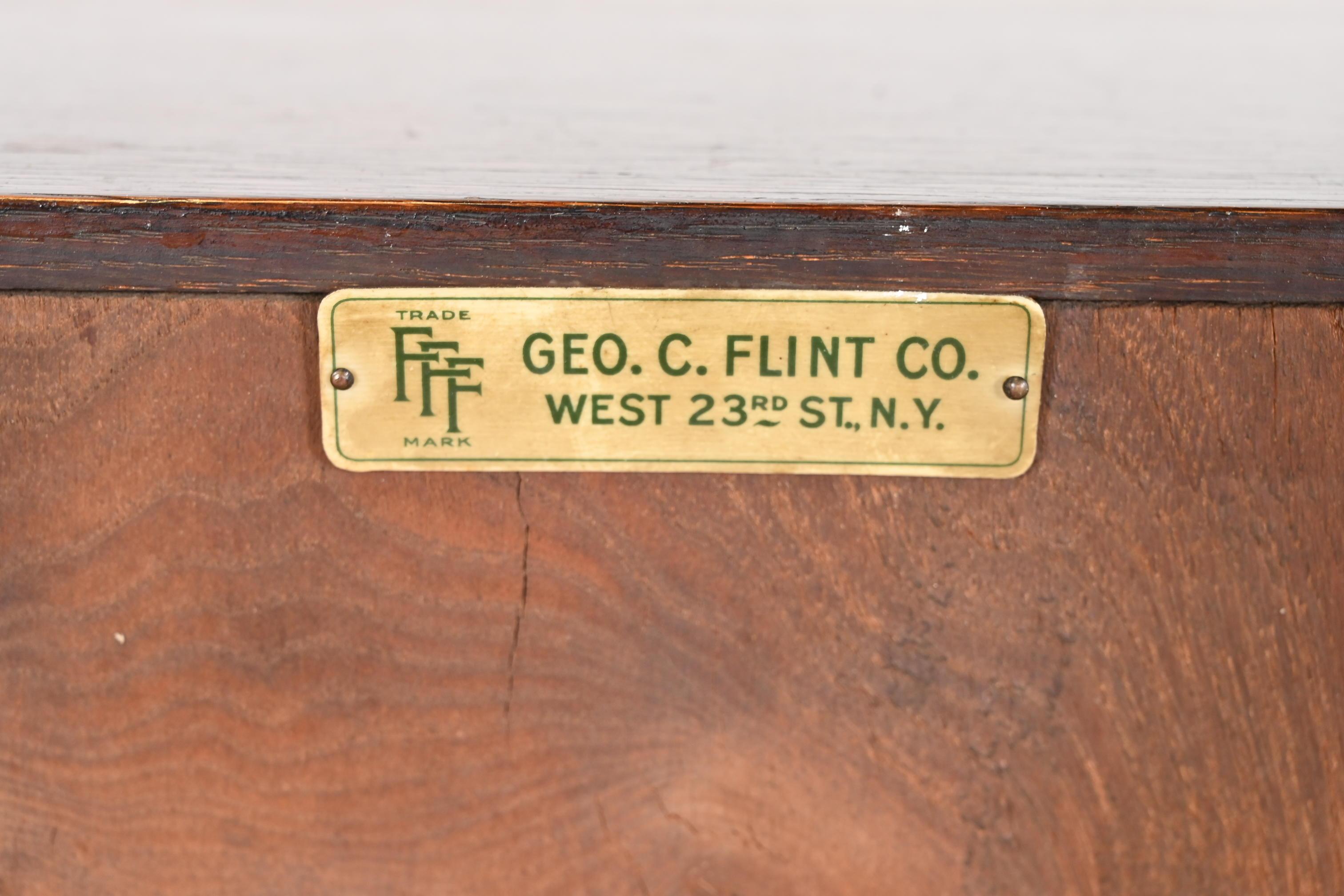 Antique Arts & Crafts Oak Leaded Glass Triple Bookcase by George C. Flint Co. 3