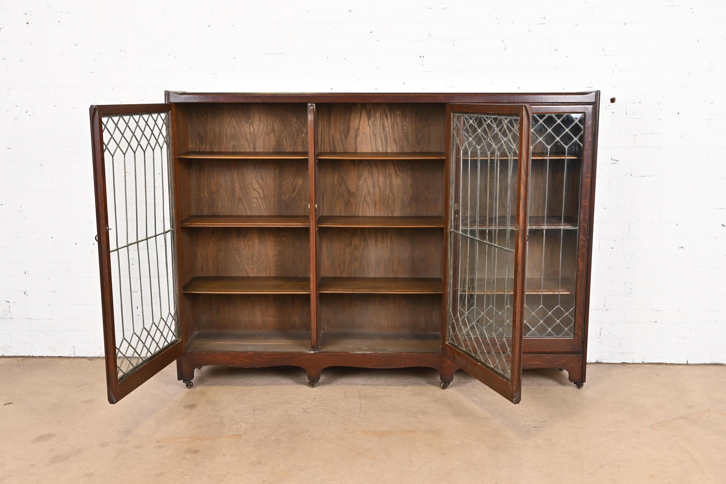 Arts and Crafts Antique Arts & Crafts Oak Leaded Glass Triple Bookcase by George C. Flint Co.