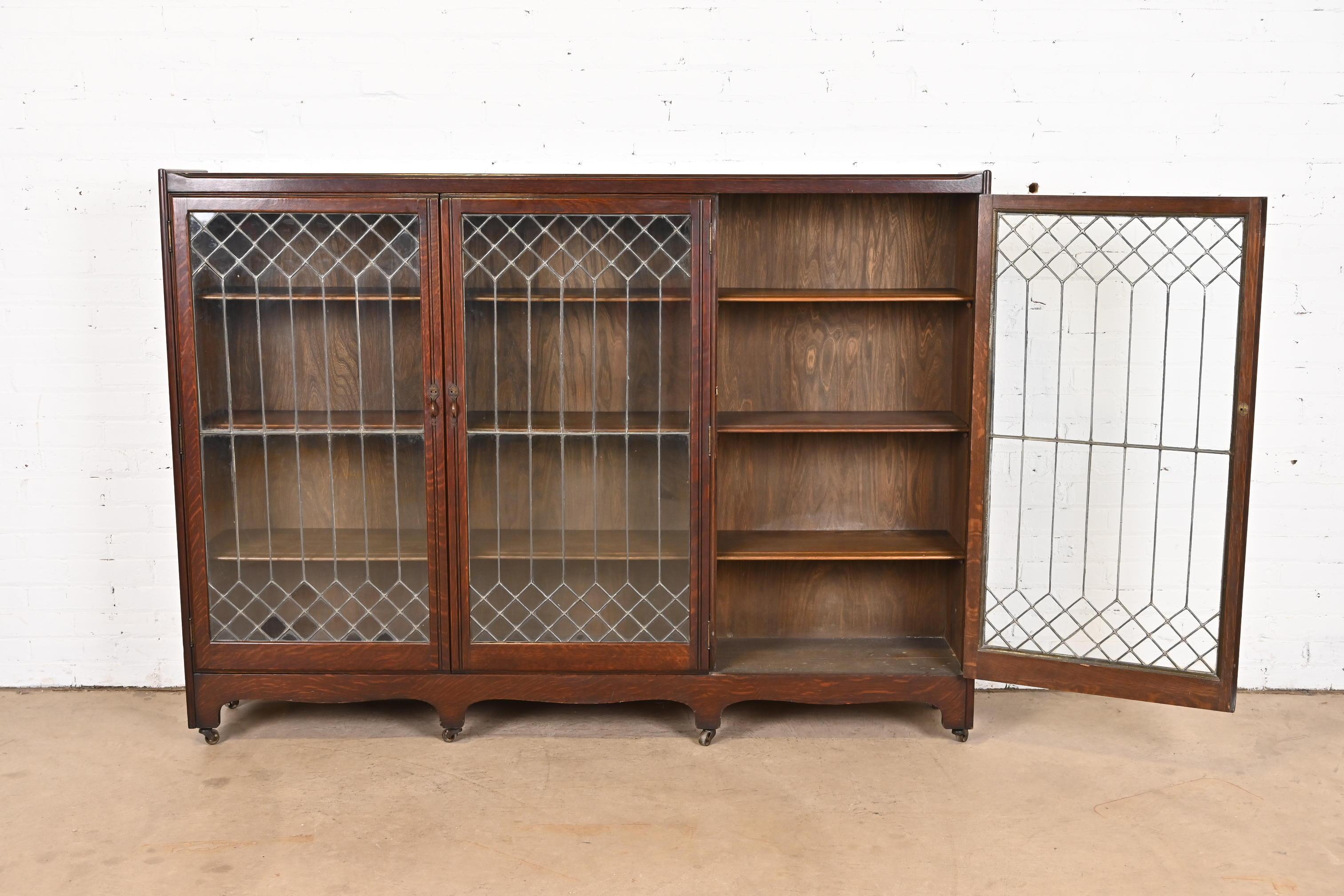 American Antique Arts & Crafts Oak Leaded Glass Triple Bookcase by George C. Flint Co.