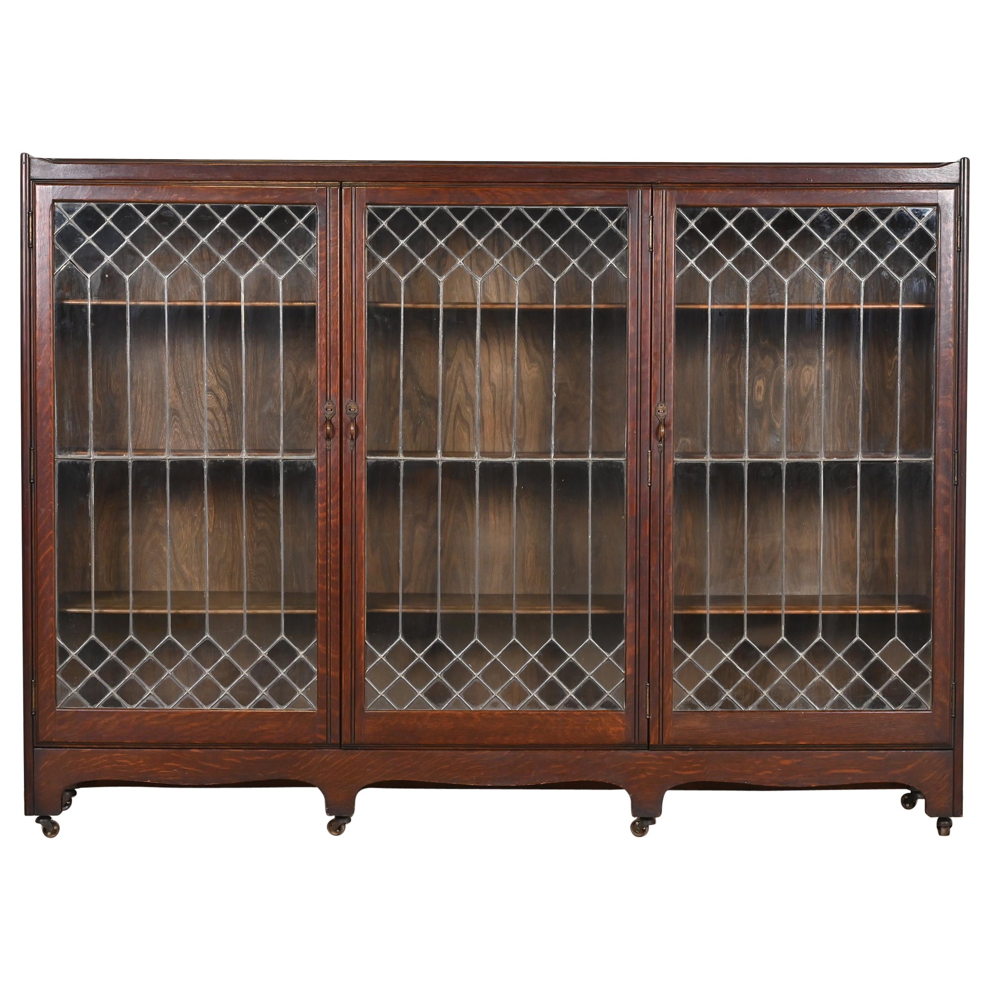 Antique Arts & Crafts Oak Leaded Glass Triple Bookcase by George C. Flint Co.