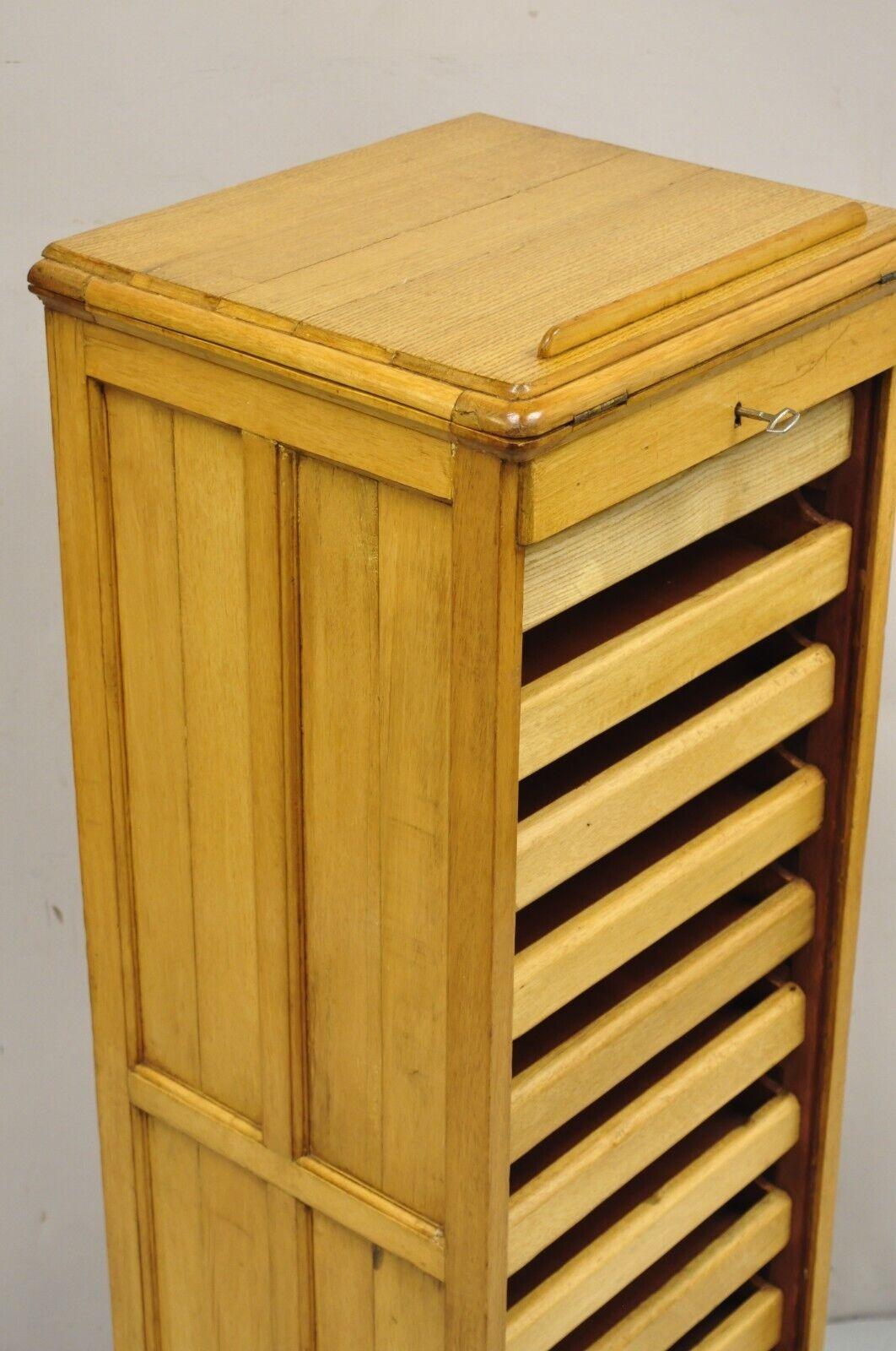 Antique Arts & Crafts Oak & Maple Wood Tambour Shutter Door Filing Cabinet For Sale 5